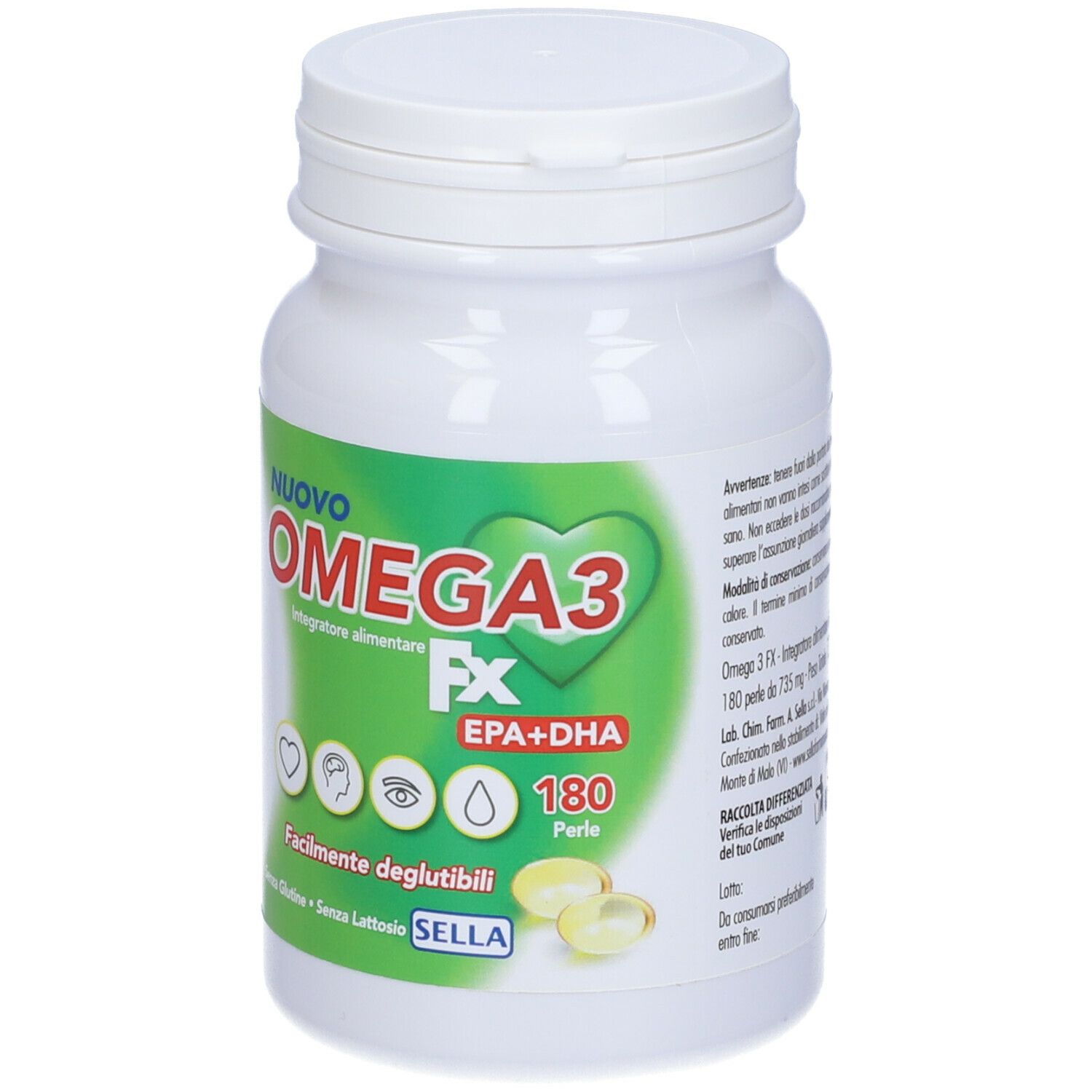 Flacon blanc de gélules Omega3 FX. Inscription: Nuovo Omega3 FX EPA+DHA, 180 perles. Logo: cœur. Vue détaillée.