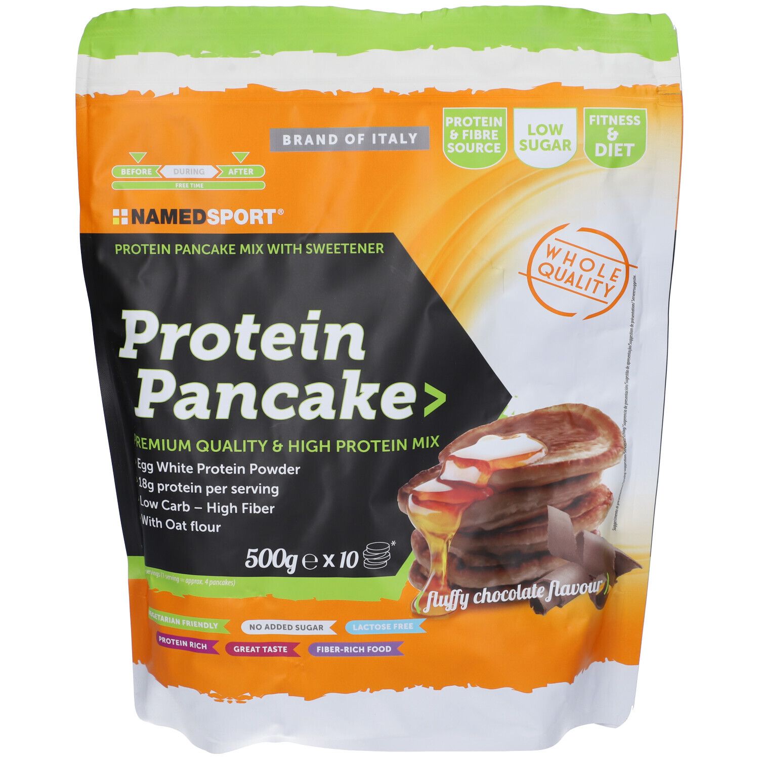 Paquet de Protein Pancake Namedsport. Design orange et blanc, image du produit, texte: Protein Pancake, 500g x 10.