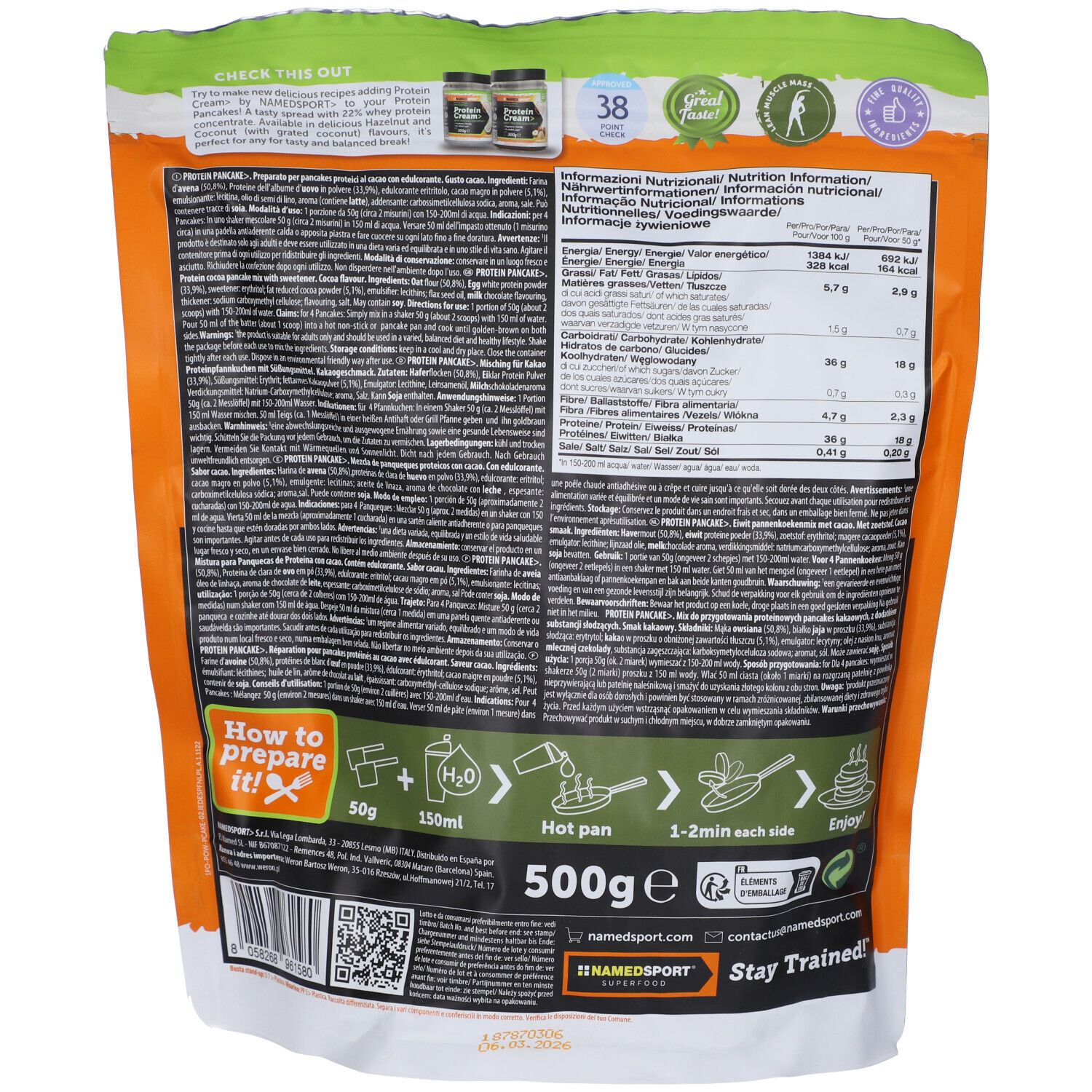 Dos du paquet de Protein Pancake. Informations textuelles, informations nutritionnelles, instructions de préparation, 500g, logo Namedsport.