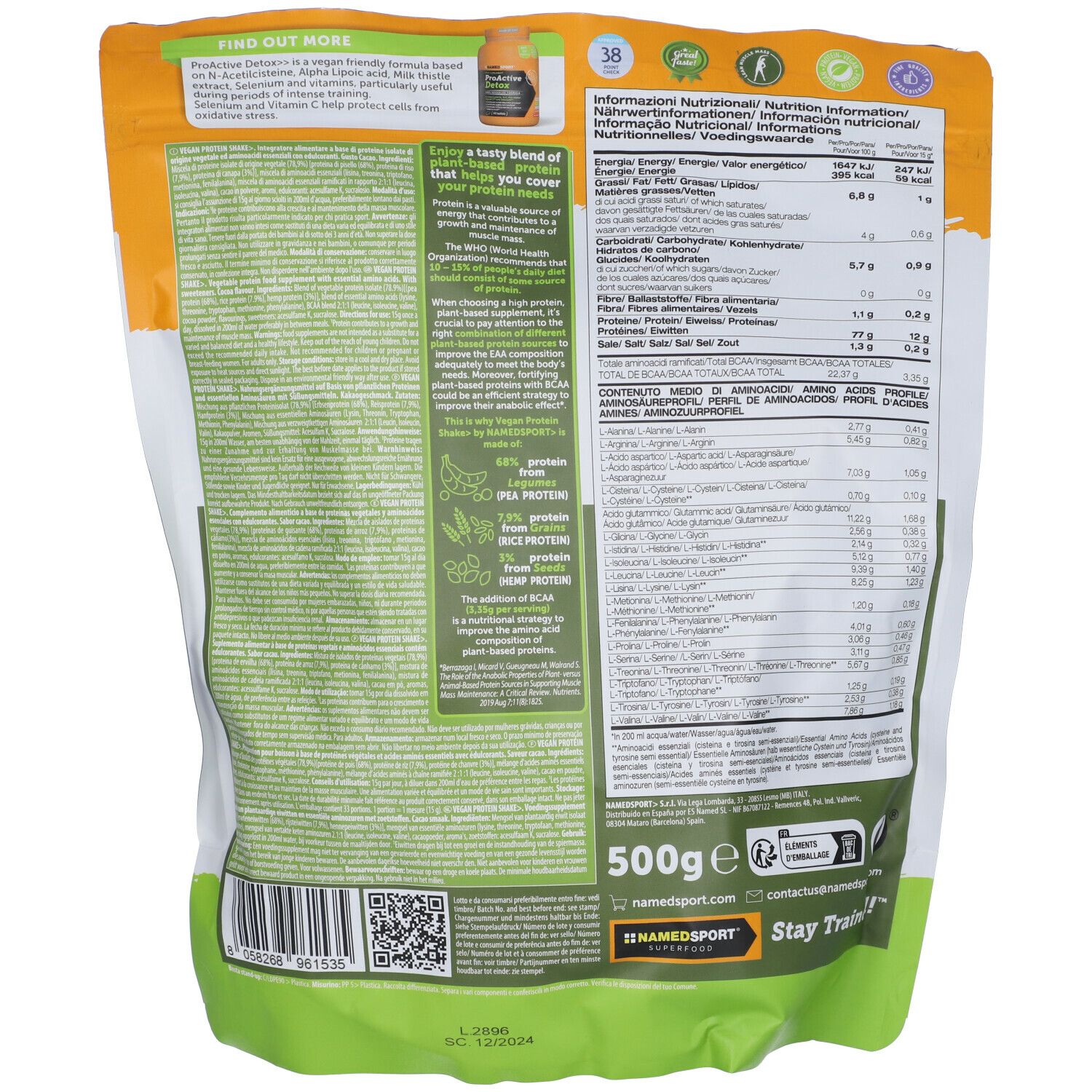Dos du sachet de Vegan Protein Shake. Texte avec informations nutritionnelles et ingrédients. Indication 500g.