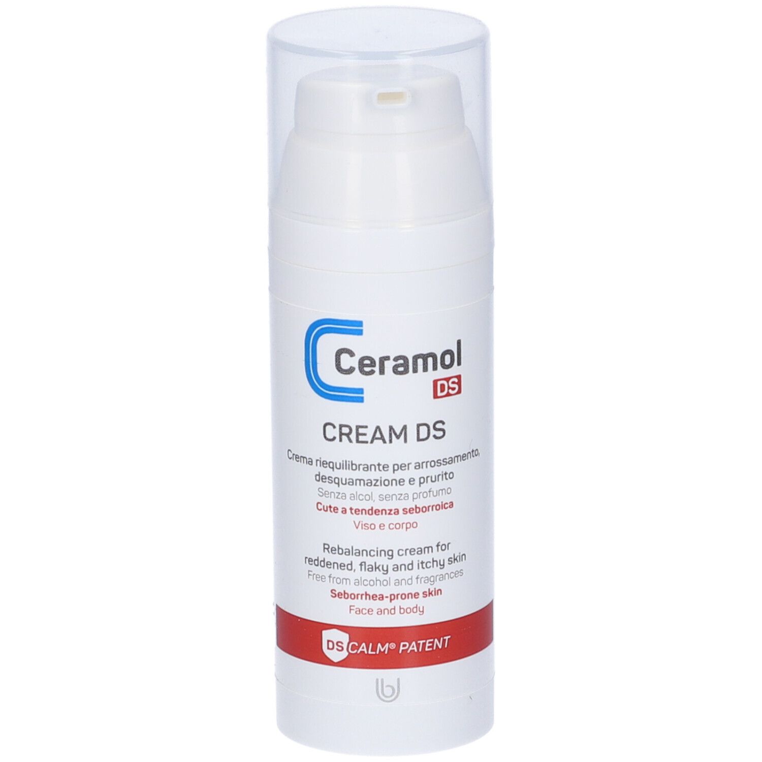 Weiße Flasche mit Ceramol DS Creme. Aufschrift: CREAM DS, rebalancing cream, für Gesicht und Körper.