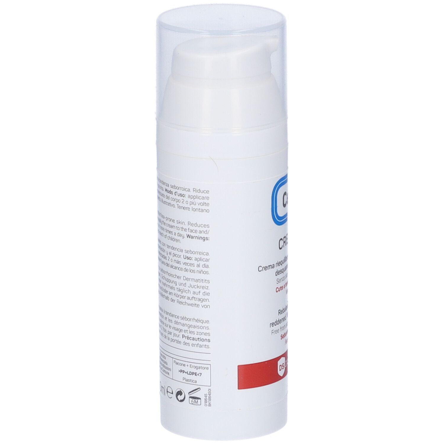 Weiße Flasche Ceramol DS. Aufschrift: CREAM DS, rebalancing cream, für Gesicht und Körper. Rückseite mit Text.