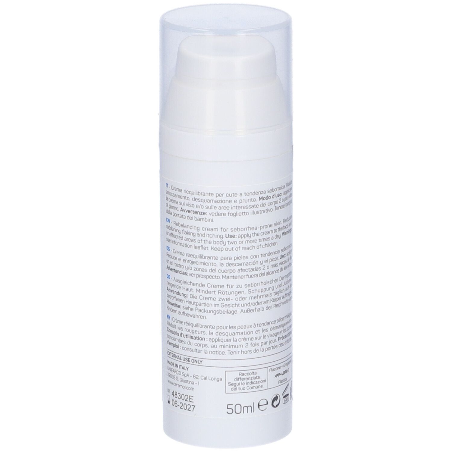 Weiße Flasche Ceramol DS. Rückseite mit Text in mehreren Sprachen. 50ml.