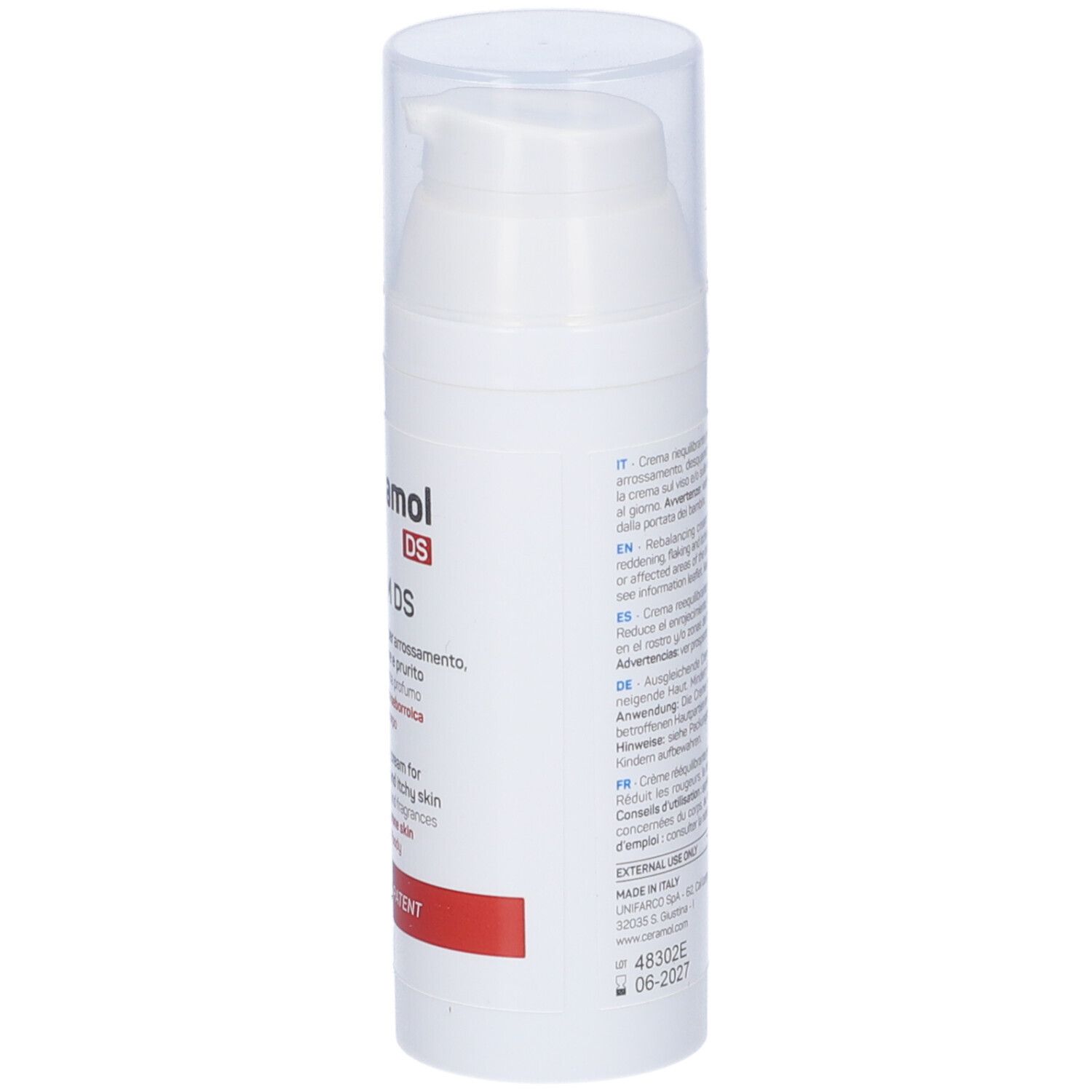 Weiße Flasche Ceramol DS. Aufschrift: CREAM DS, rebalancing cream, für Gesicht und Körper. Seite mit Text.