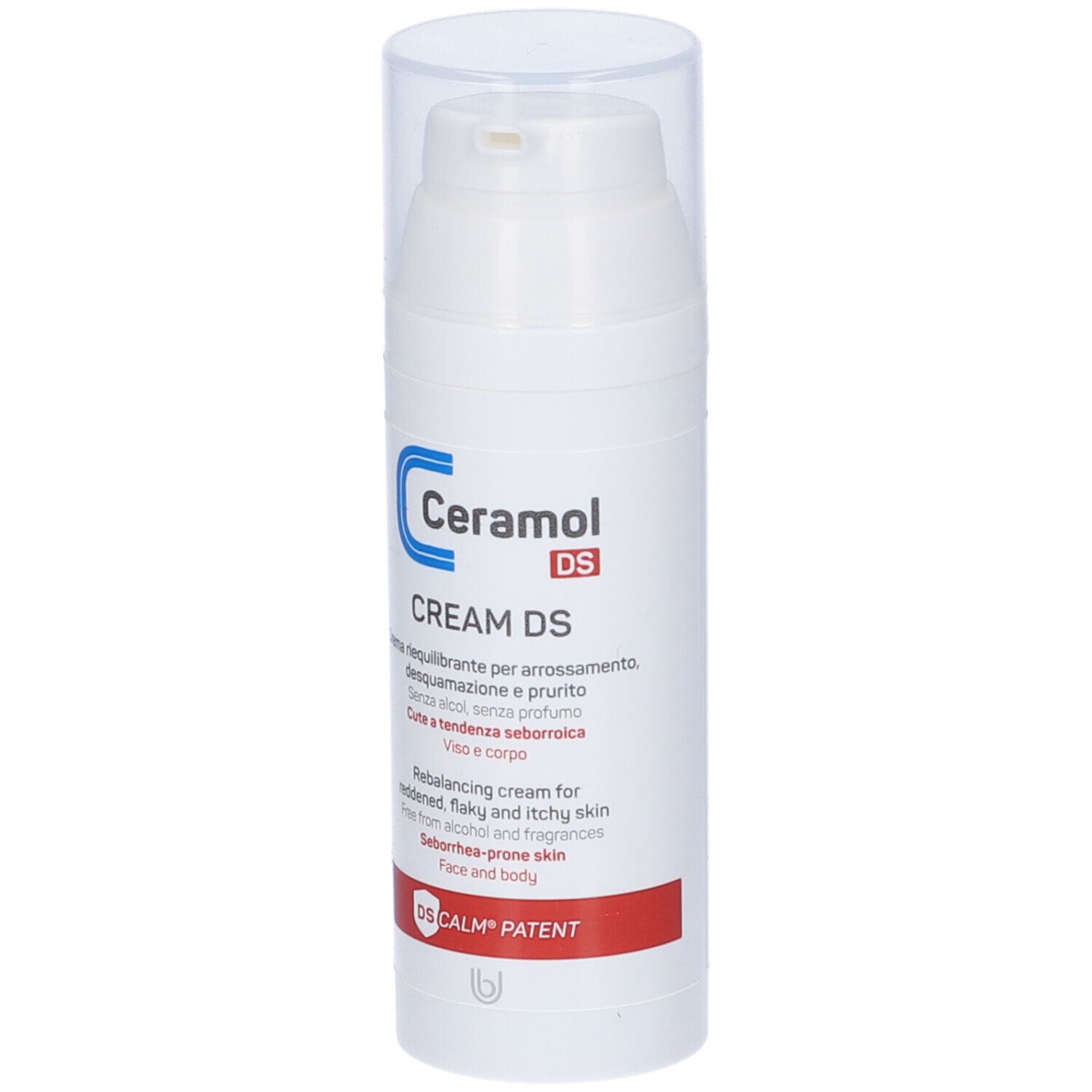 Weiße Flasche Ceramol DS. Aufschrift: CREAM DS, rebalancing cream, für Gesicht und Körper.