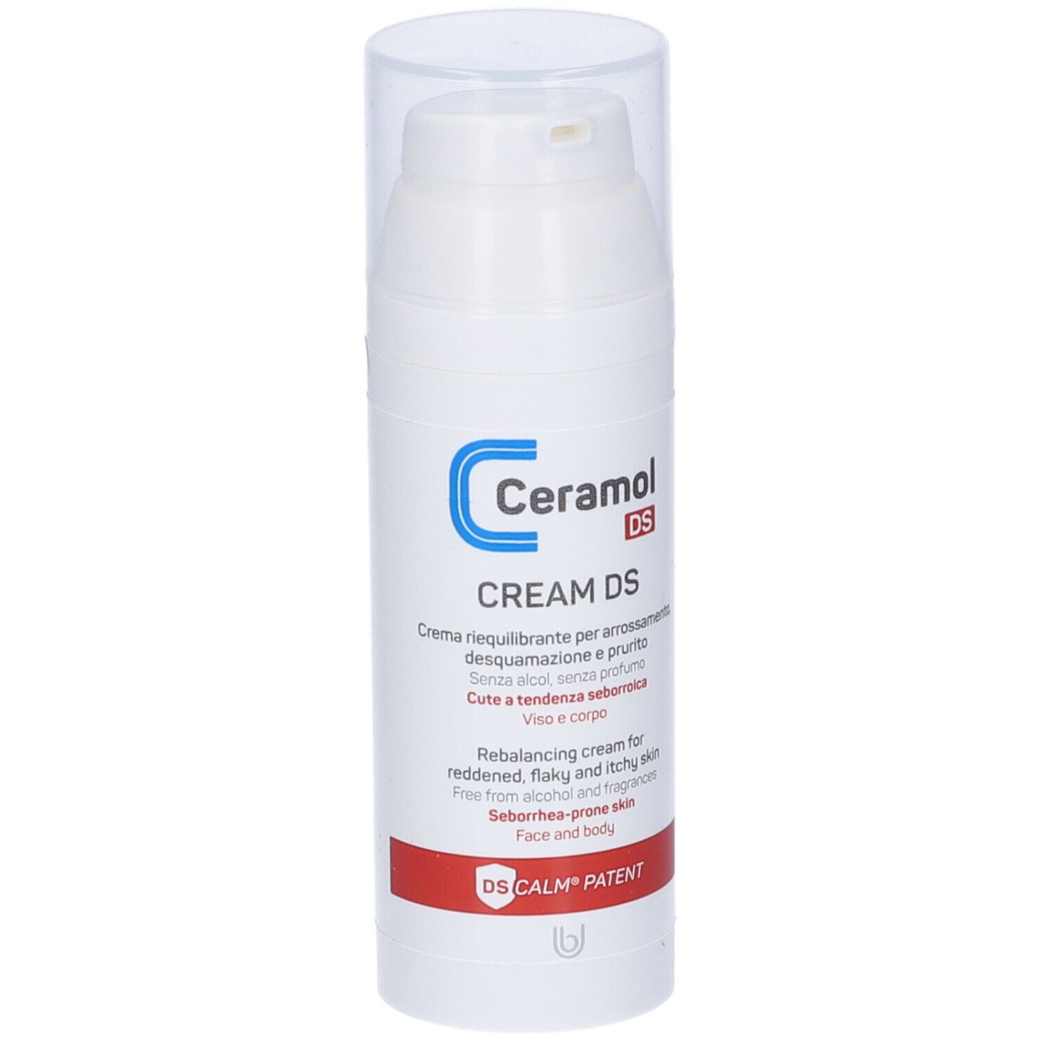Weiße Flasche Ceramol DS. Aufschrift: CREAM DS, rebalancing cream, für Gesicht und Körper.