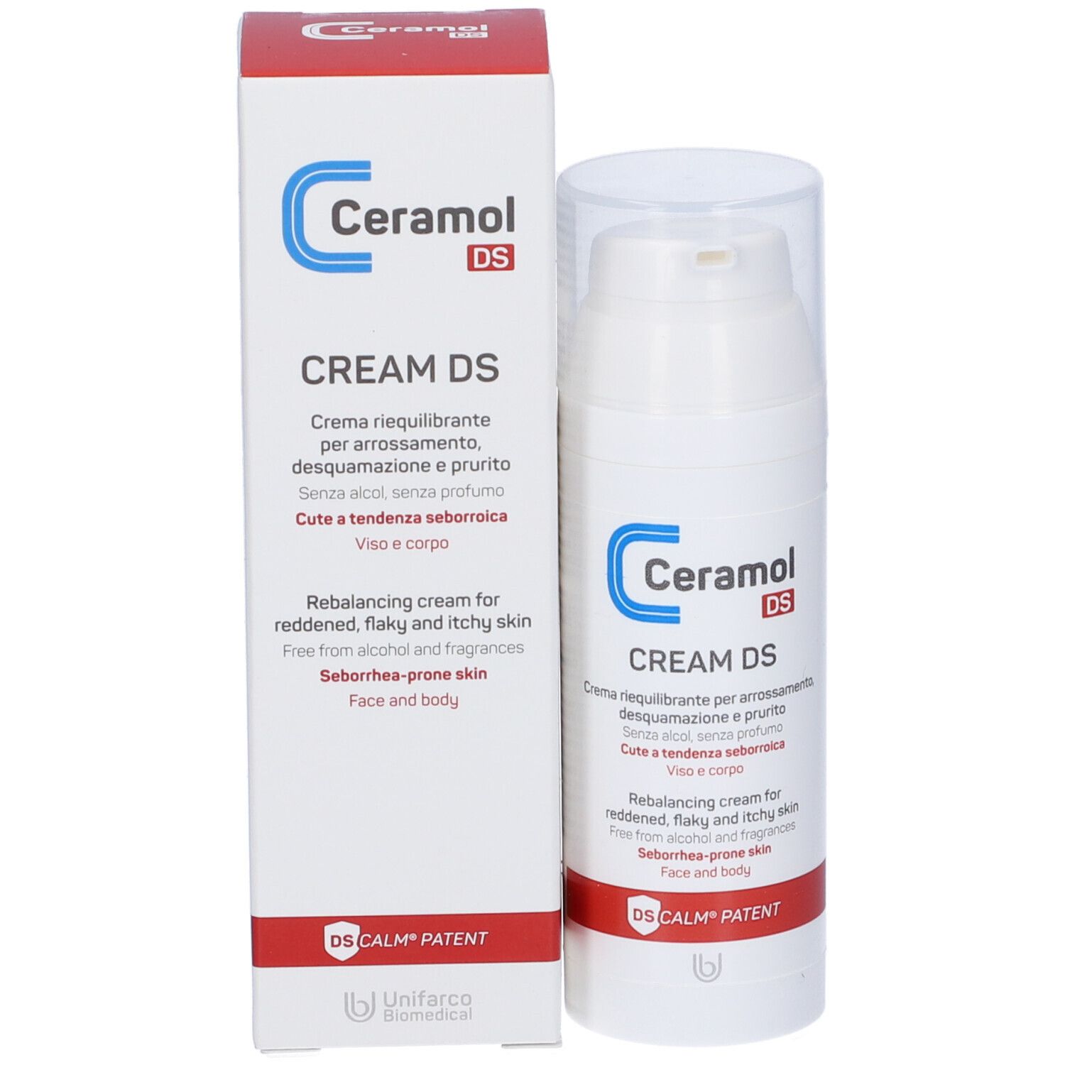 Ceramol DS Creme und Verpackung. Aufschrift: CREAM DS, rebalancing cream, für Gesicht und Körper.
