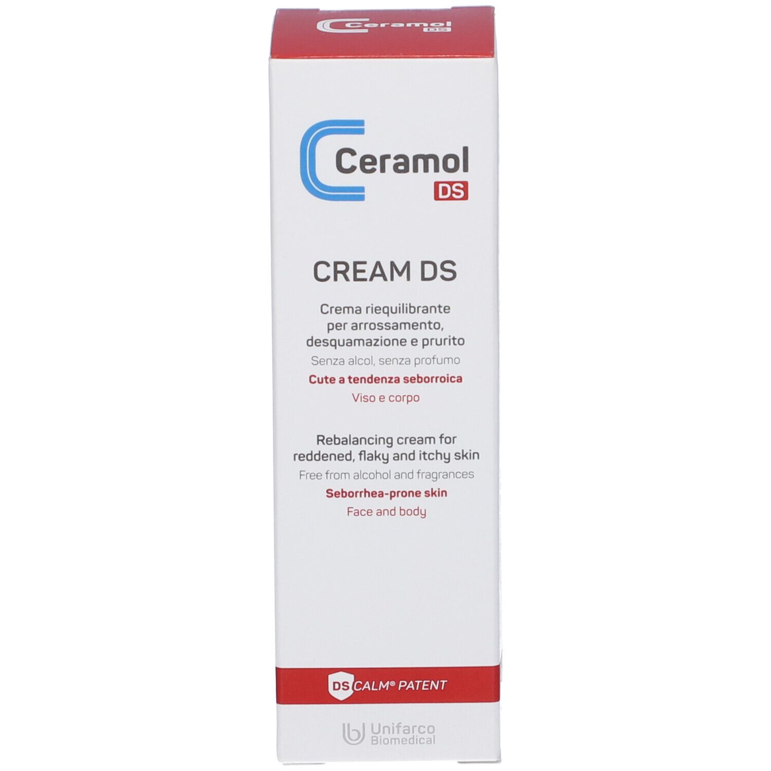 Verpackung Ceramol DS Creme. Aufschrift: CREAM DS, rebalancing cream, für Gesicht und Körper.