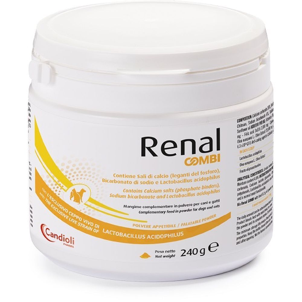 Weißes Produkt Renal Combi, Dose mit Deckel. Aufschrift: Renal Combi, 240g. Enthält Calcium, Natrium, Lactobacillus.