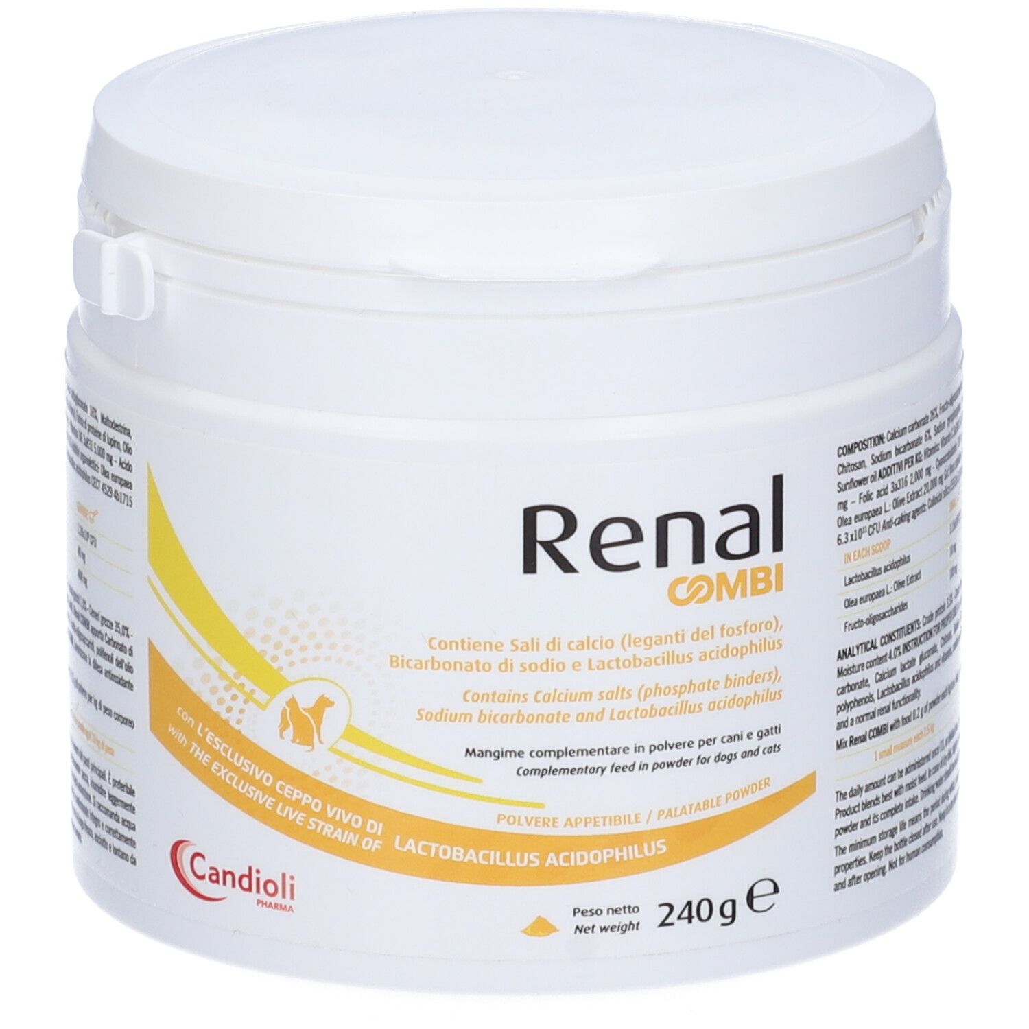Weißes Produkt Renal Combi, Dose mit Deckel. Aufschrift: Renal Combi, 240g. Enthält Calcium, Natrium, Lactobacillus.