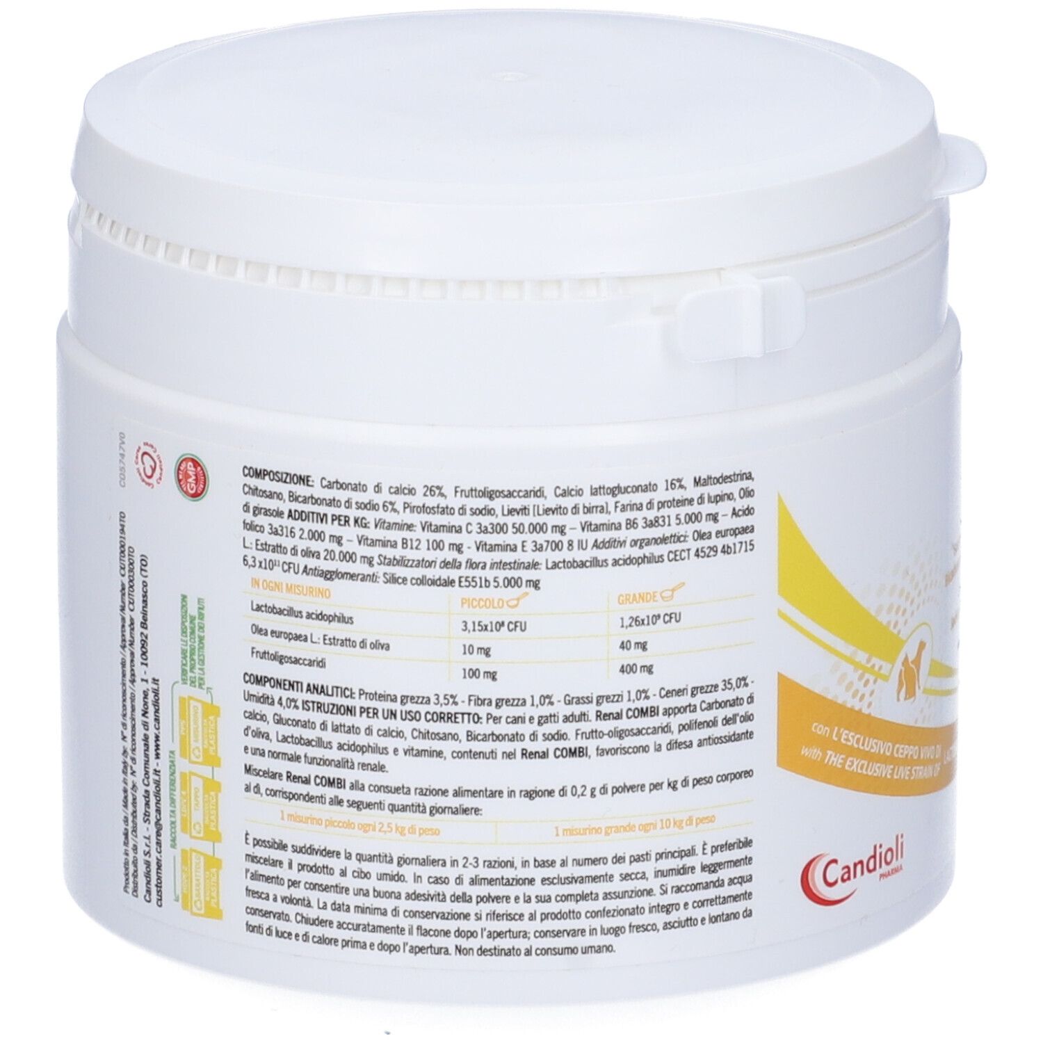 Rückseite der weißen Dose Renal Combi. Enthält Informationen zu Inhaltsstoffen und Analyse. Mit Herstellerlogo und Chargennummer.