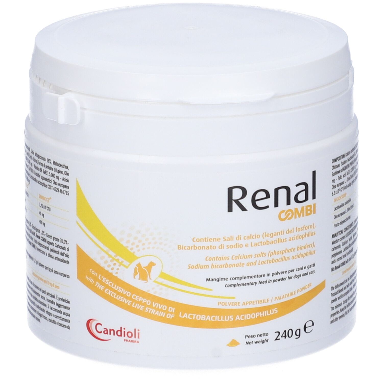 Weißes Produkt Renal Combi, Dose mit Deckel. Aufschrift: Renal Combi, 240g. Enthält Calcium, Natrium, Lactobacillus.