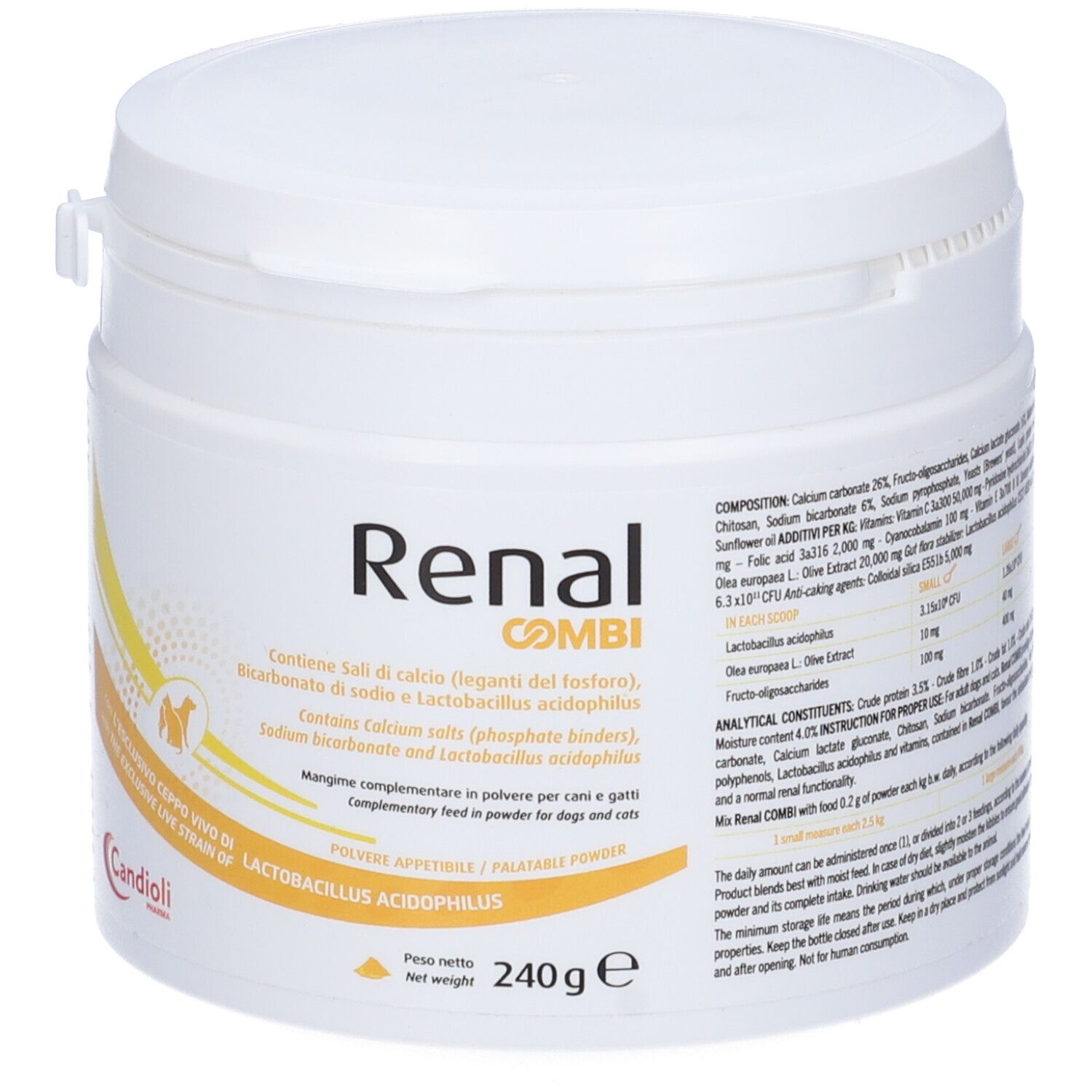 Weißes Produkt Renal Combi, Dose mit Deckel. Aufschrift: Renal Combi, 240g. Enthält Calcium, Natrium, Lactobacillus.