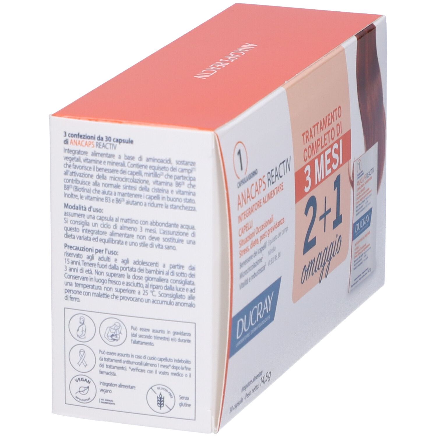 Rückseite der DUCRAY Anacaps Reactiv-Verpackung. Text über Inhaltsstoffe und Anwendung. Vegan- und glutenfrei-Symbole.