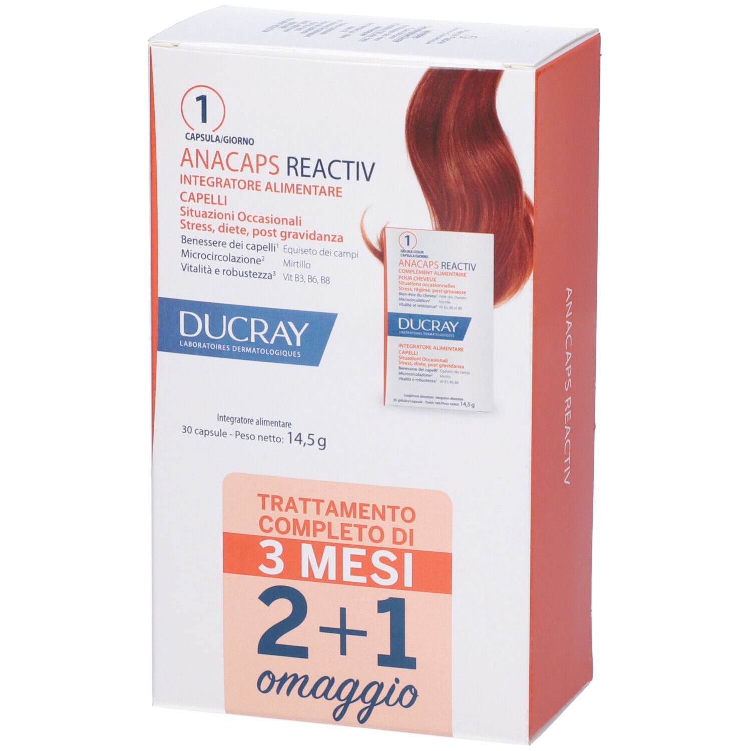 DUCRAY Anacaps Reactiv-Packung mit 30 Kapseln. Aufdruck: 2+1 gratis. Enthält eine Abbildung von Haaren.