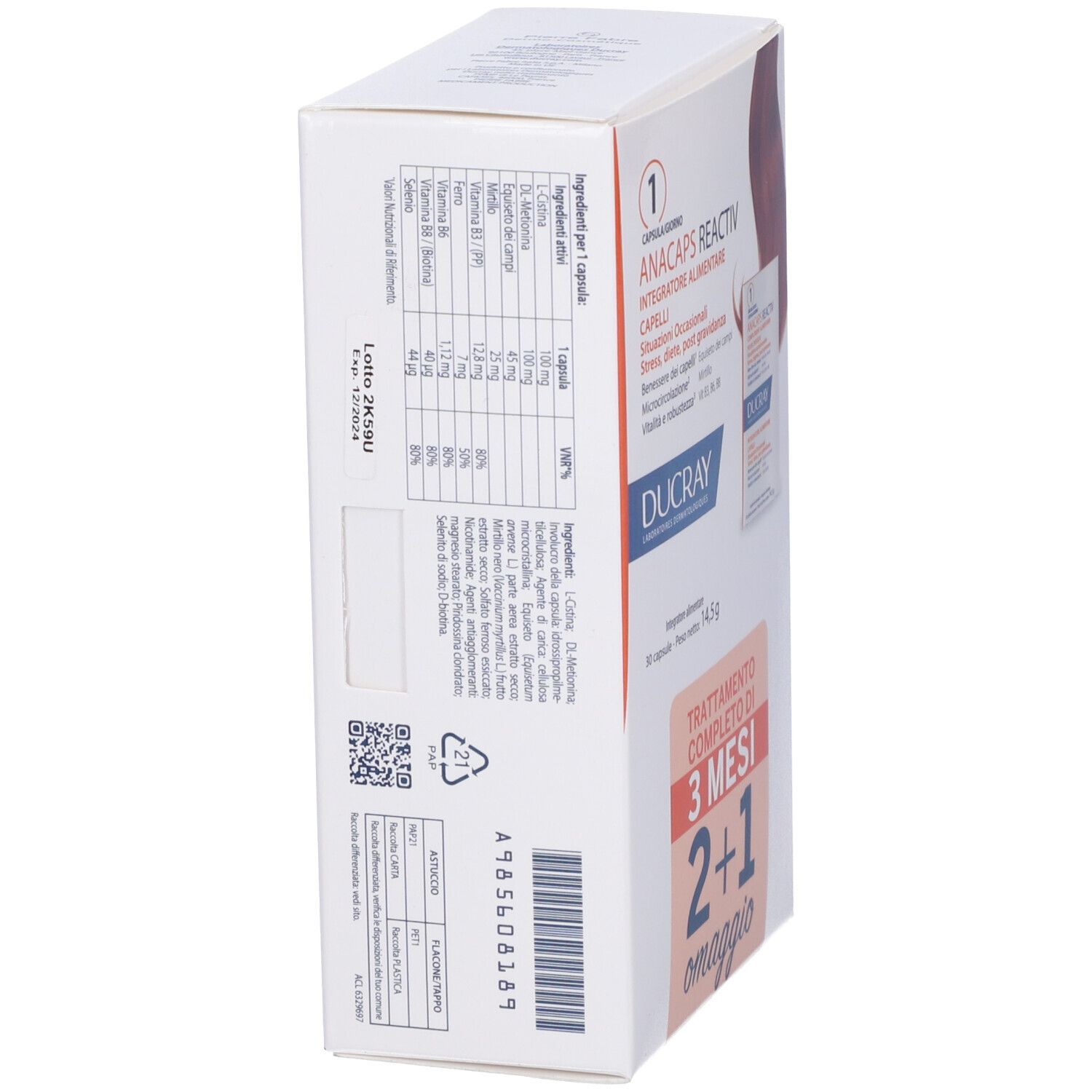 Seite der DUCRAY Anacaps Reactiv-Verpackung. Enthält eine Tabelle mit Inhaltsstoffen und Nährwerten.