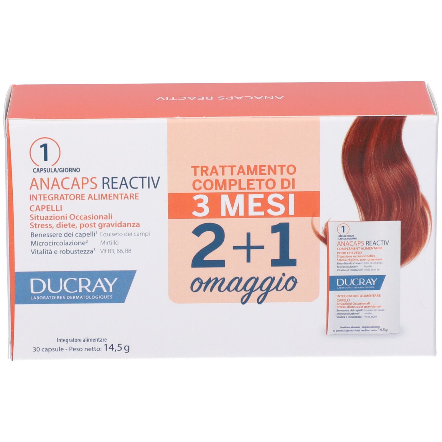 DUCRAY Anacaps Reactiv-Packung mit 30 Kapseln. Aufdruck: 2+1 gratis. Enthält eine Abbildung von Haaren.