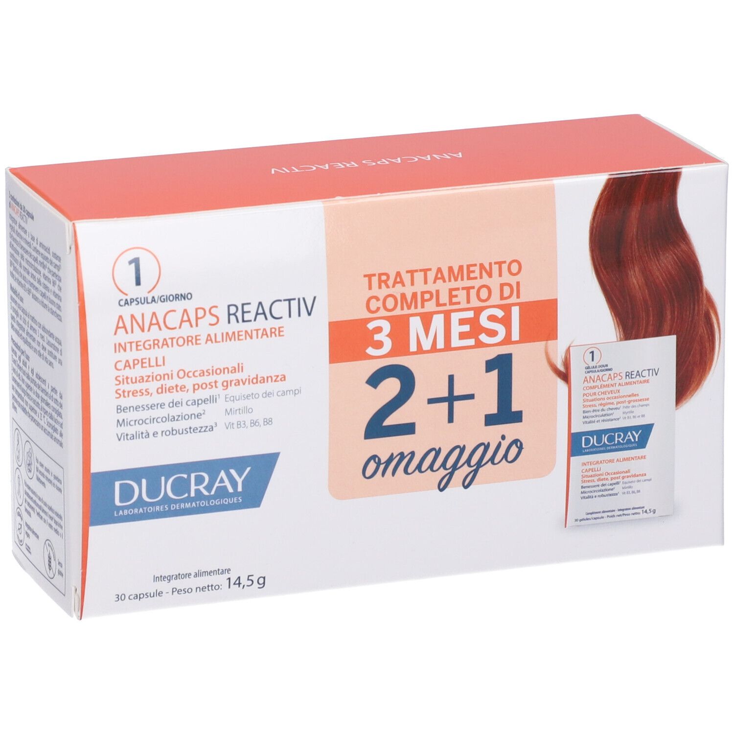 DUCRAY Anacaps Reactiv-Packung mit 30 Kapseln. Aufdruck: 2+1 gratis. Enthält eine Abbildung von Haaren.