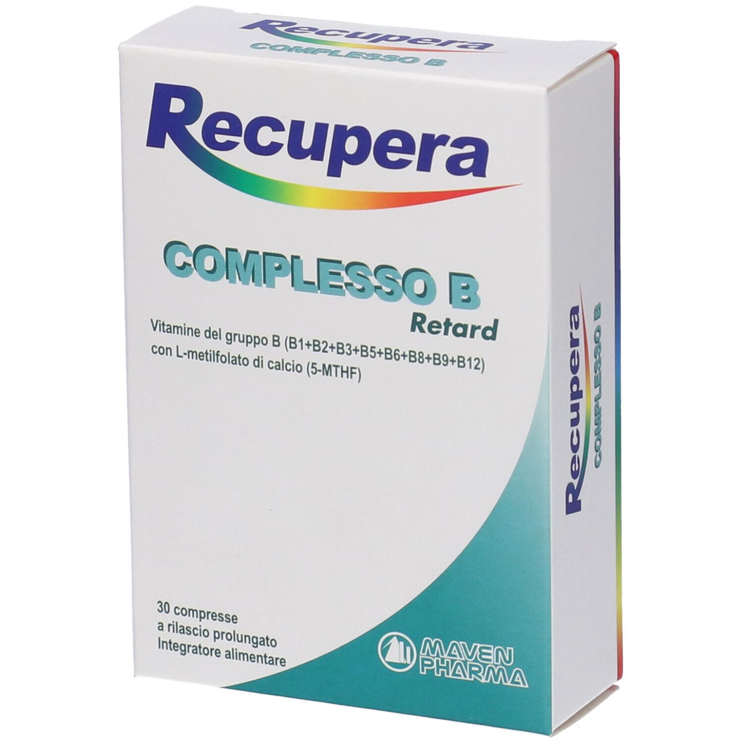 Boîte 'Recupera Complesso B Retard'. Contient 30 comprimés. Marque Maven Pharma. Blanc, bleu et vert.