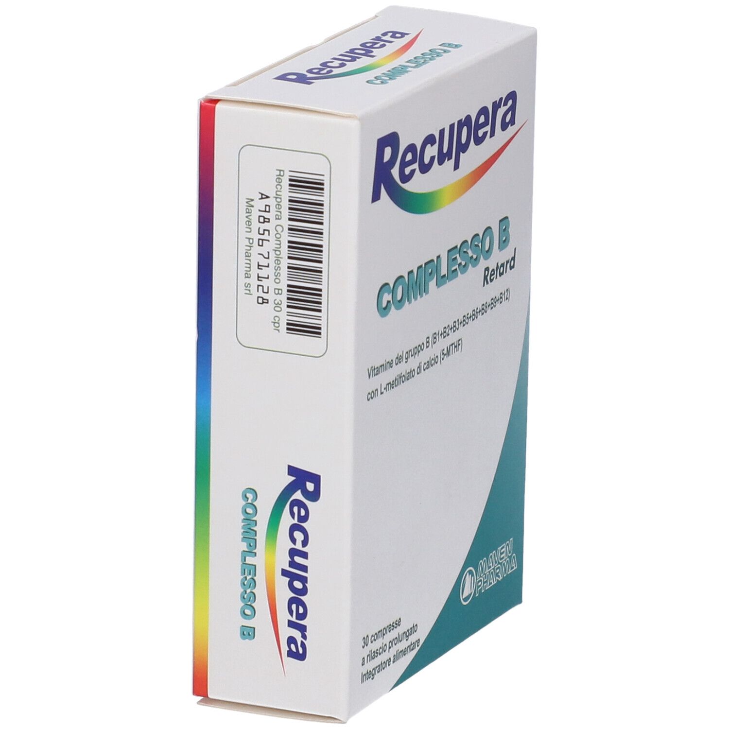 Vue latérale de la boîte 'Recupera Complesso B Retard'. Contient 30 comprimés. Marque Maven Pharma. Blanc, bleu et vert.