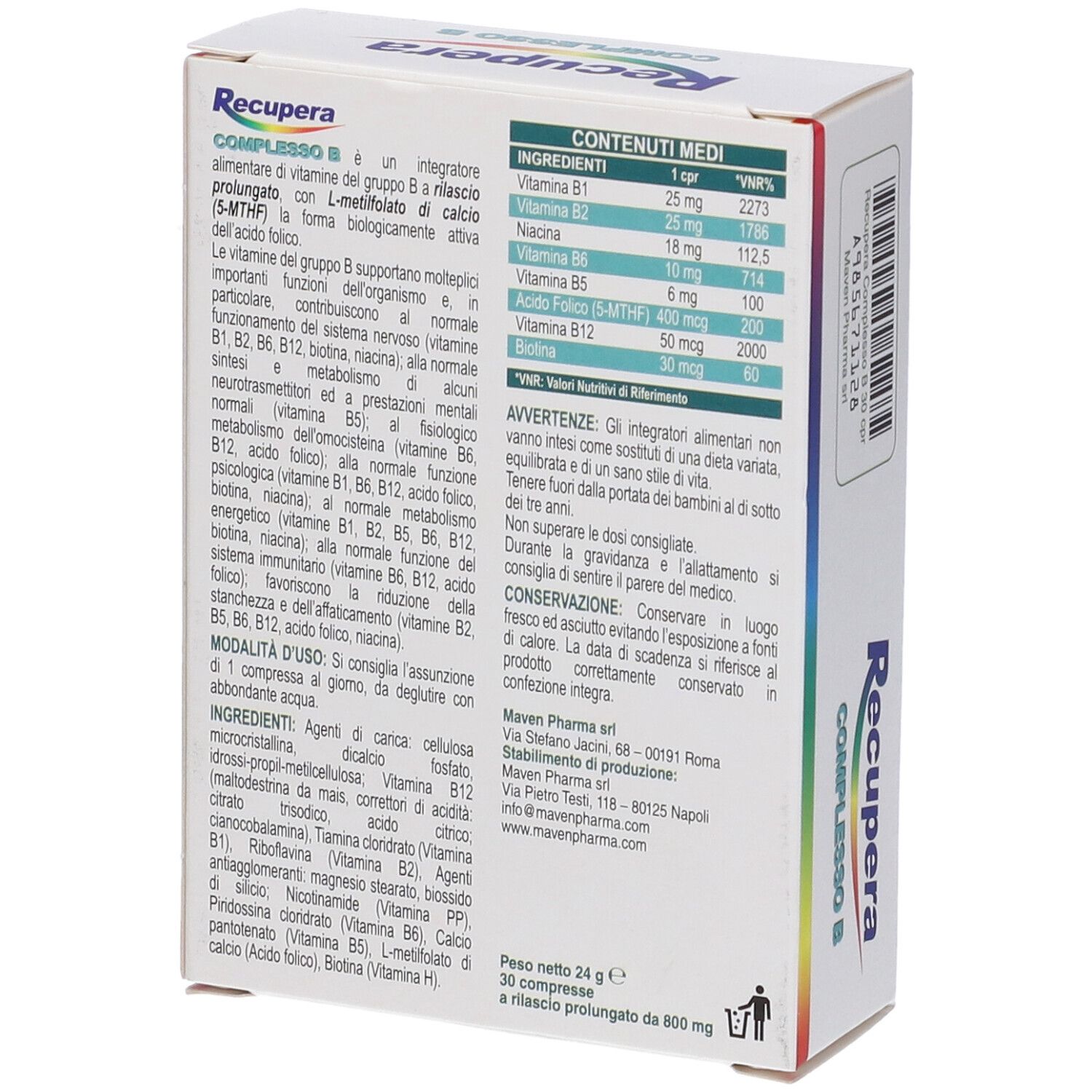 Dos de la boîte 'Recupera Complesso B Retard'. Contient ingrédients et informations nutritionnelles. Marque Maven Pharma.