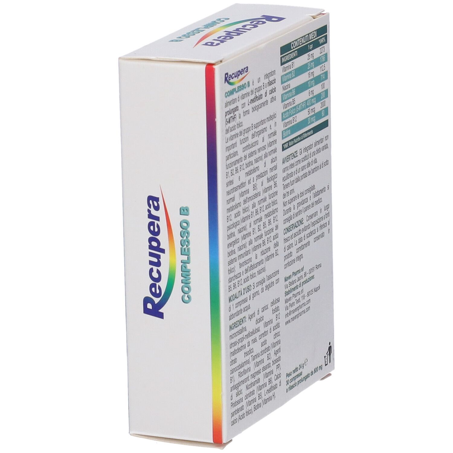 Vue latérale de la boîte 'Recupera Complesso B Retard'. Contient ingrédients et informations nutritionnelles. Marque Maven Pharma.