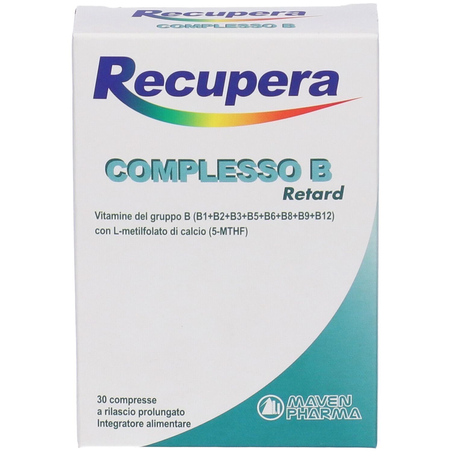 Vue de face de la boîte 'Recupera Complesso B Retard'. Contient 30 comprimés. Marque Maven Pharma. Blanc, bleu et vert.