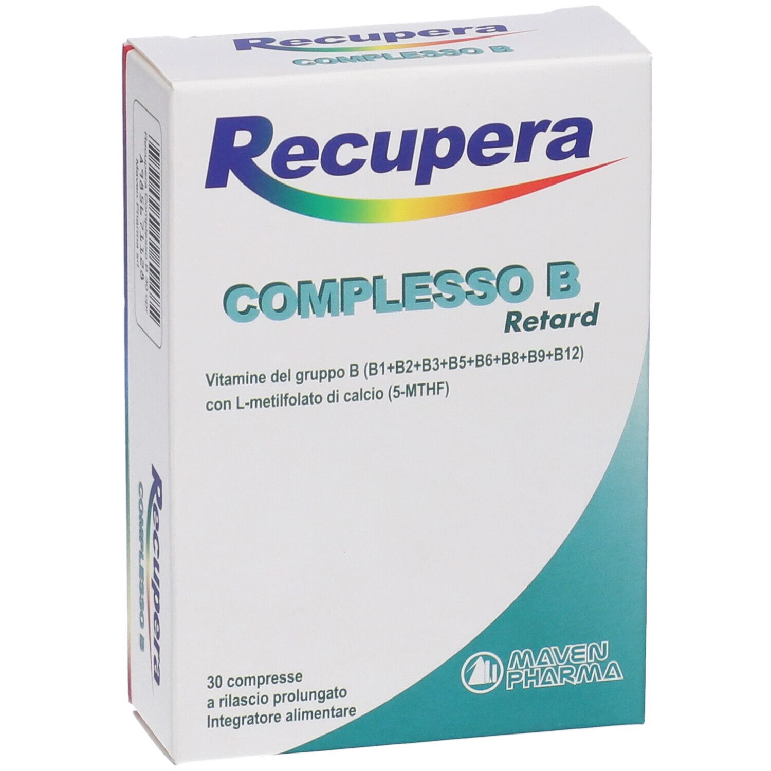 Vue de face de la boîte 'Recupera Complesso B Retard'. Contient 30 comprimés. Marque Maven Pharma. Blanc, bleu et vert.