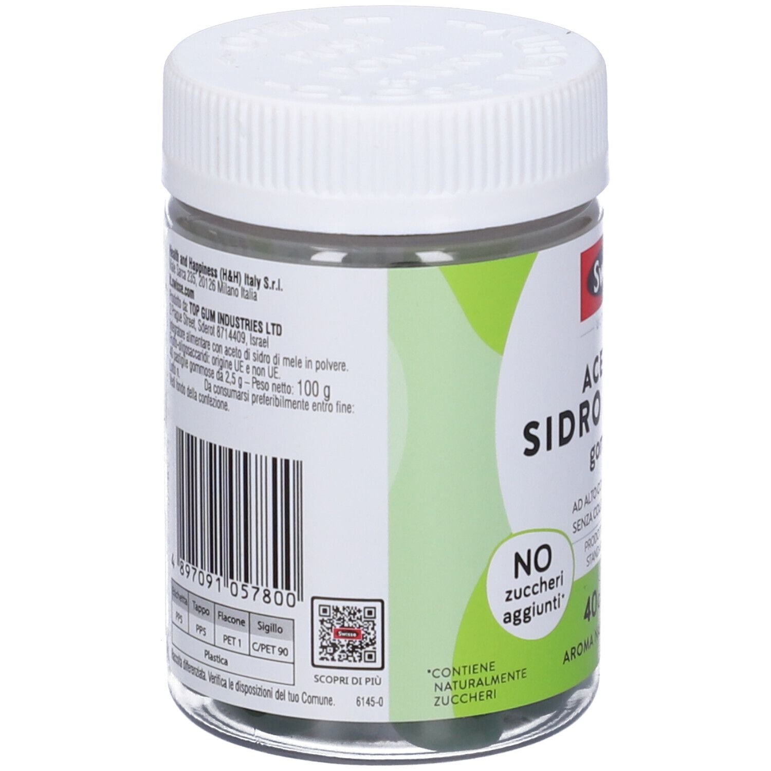 Vue arrière du pot. Couvercle blanc, pot transparent. Étiquette avec code-barres et texte. Design vert et blanc.
