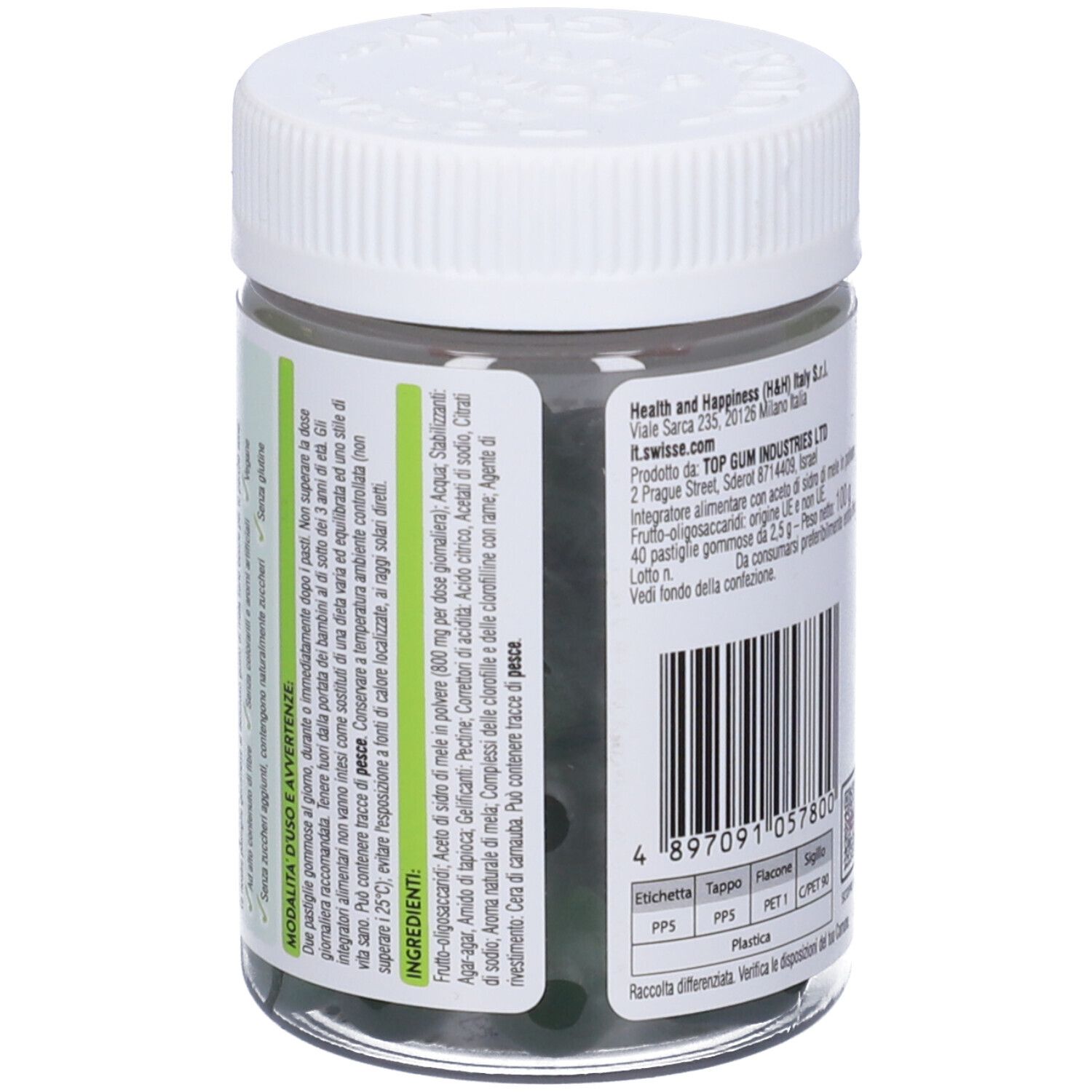 Vue arrière du pot. Couvercle blanc, pot transparent. Étiquette avec ingrédients et texte. Design vert et blanc.