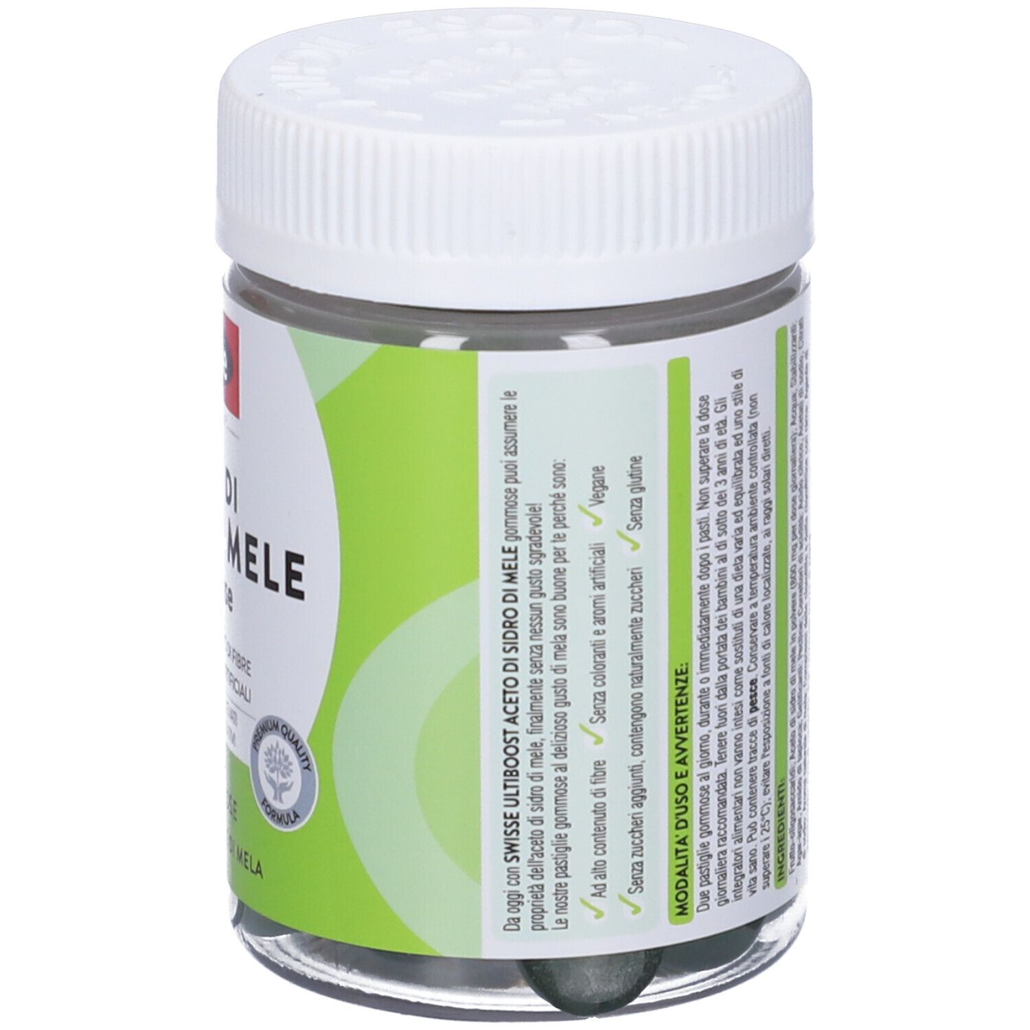 Vue arrière du pot. Couvercle blanc, pot transparent. Étiquette avec texte sur l'utilisation et les ingrédients. Design vert et blanc.