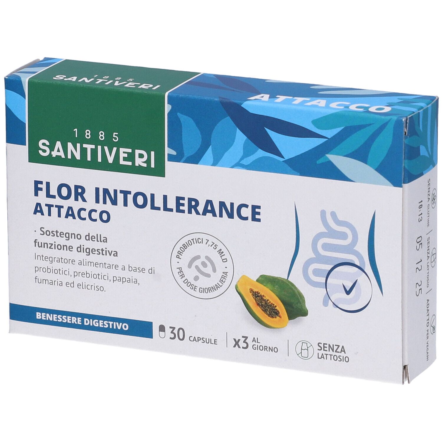 Boîte Santiveri Flor Intollerance Attacco. Contient 30 gélules. Illustration de papaye et d'intestins.