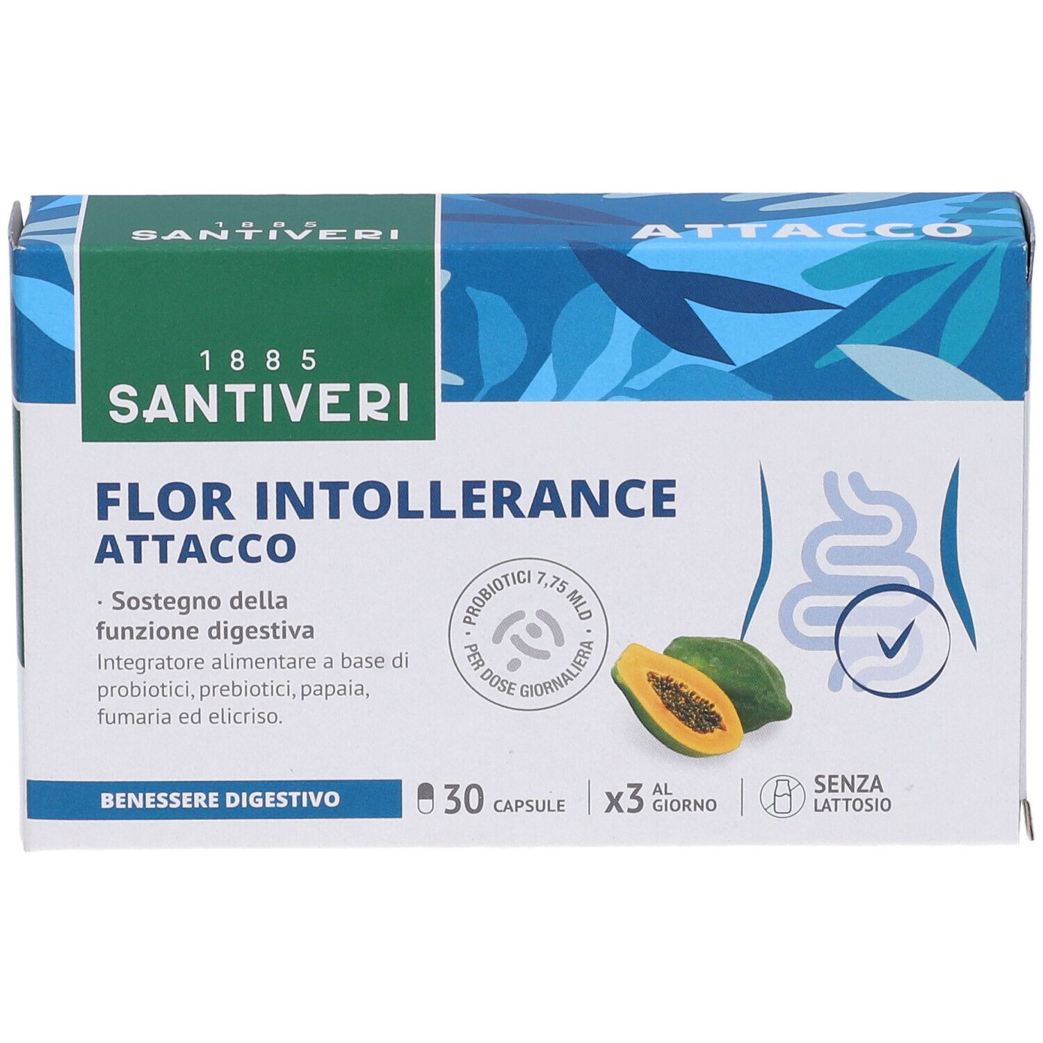 Boîte Santiveri Flor Intollerance Attacco. Contient 30 gélules. Illustration de papaye et d'intestins.