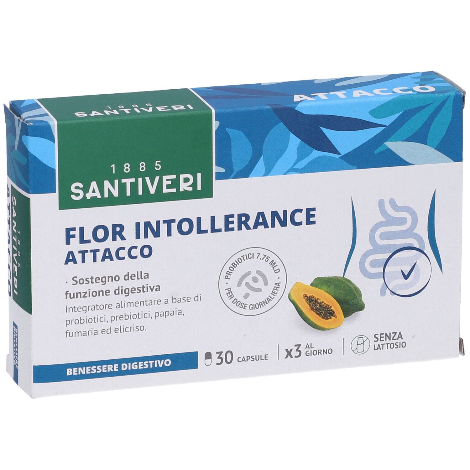 Boîte Santiveri Flor Intollerance Attacco. Contient 30 gélules. Illustration de papaye et d'intestins.