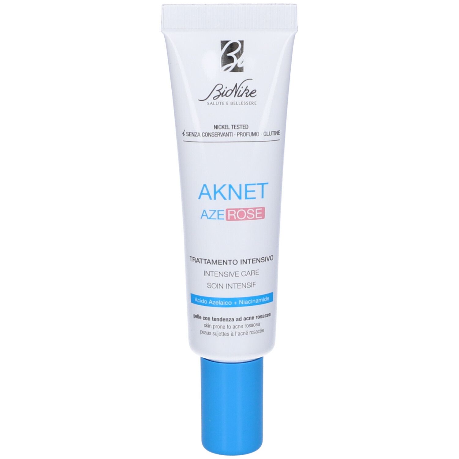 Creme-Tube mit blauer Kappe. Aufschrift: AKNET AZEROSE, INTENSIVE CARE. Marke: Bionike.
