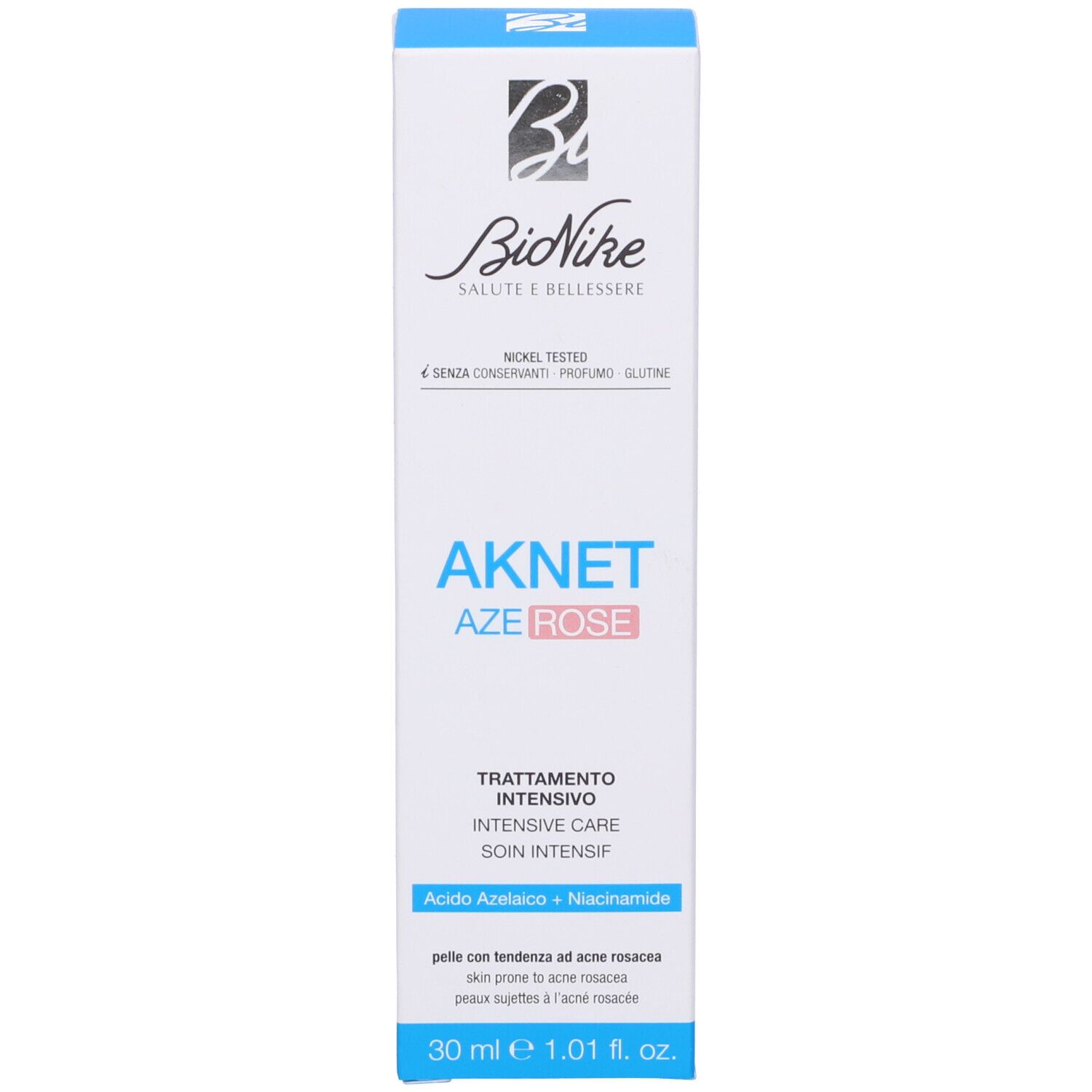 Produktverpackung. Aufschrift: AKNET AZEROSE, INTENSIVE CARE. Marke: Bionike. Blaue und weiße Verpackung.