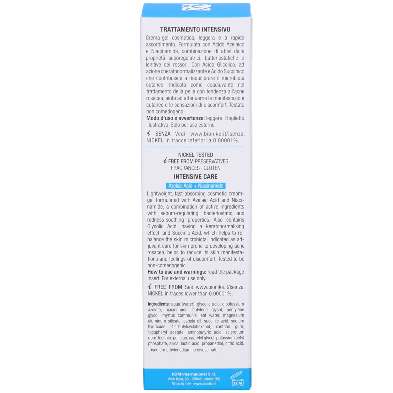 Produktverpackung, Seite. Text: INTENSIVPFLEGE, Inhaltsstoffe, Herstellerinformationen. Blaue und weiße Verpackung.