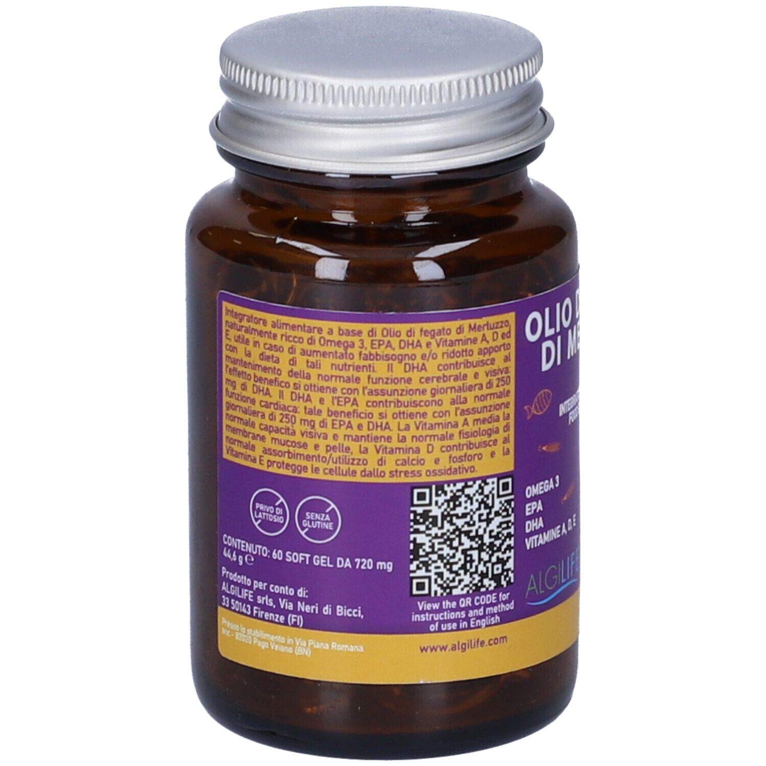 Dos d'un flacon en verre brun avec bouchon argenté. Texte: Olio di Fegato di Merluzzo. Contient 40 gélules. Code QR.
