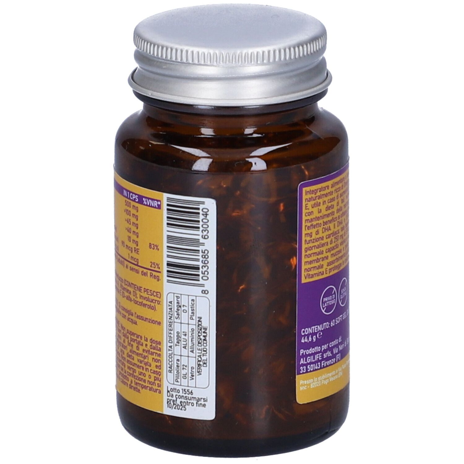 Dos d'un flacon en verre brun avec bouchon argenté. Inscription: Olio di Fegato di Merluzzo. Informations nutritionnelles et ingrédients.