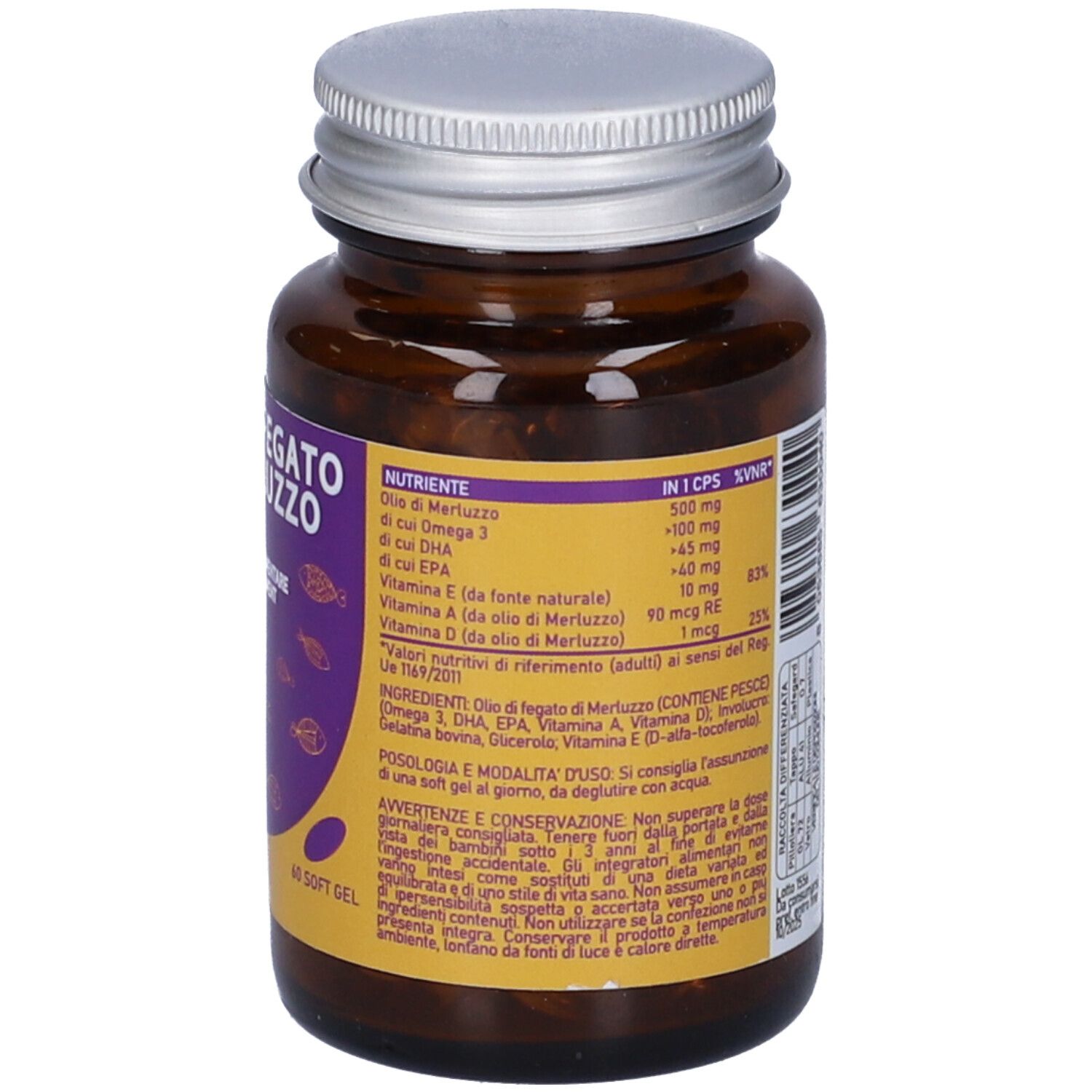 Dos d'un flacon en verre brun avec bouchon argenté. Inscription: Olio di Fegato di Merluzzo. Informations nutritionnelles et ingrédients.
