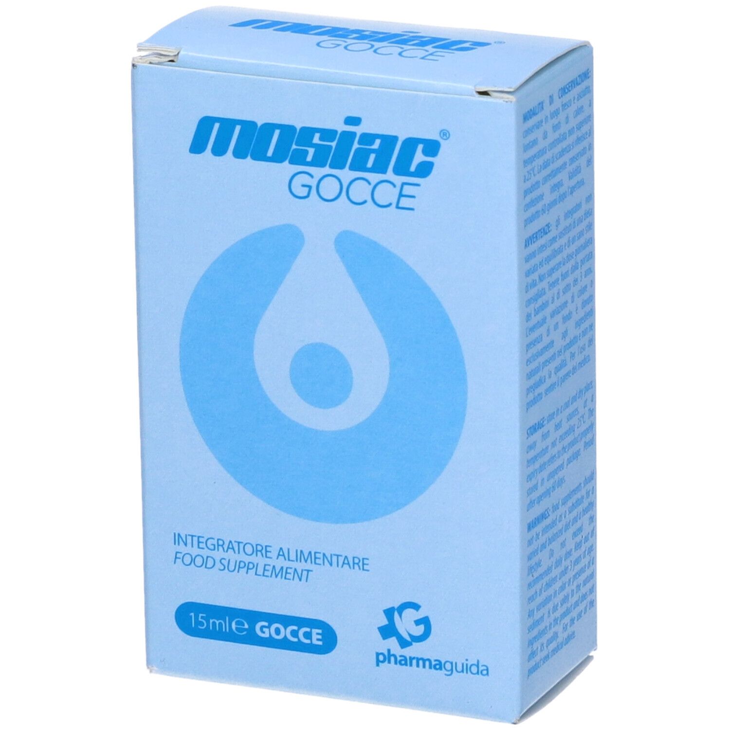 Hellblaue Schachtel mit Aufschrift Mosiac Gocce. Tropfen-Symbol. Text: Integratore alimentare.