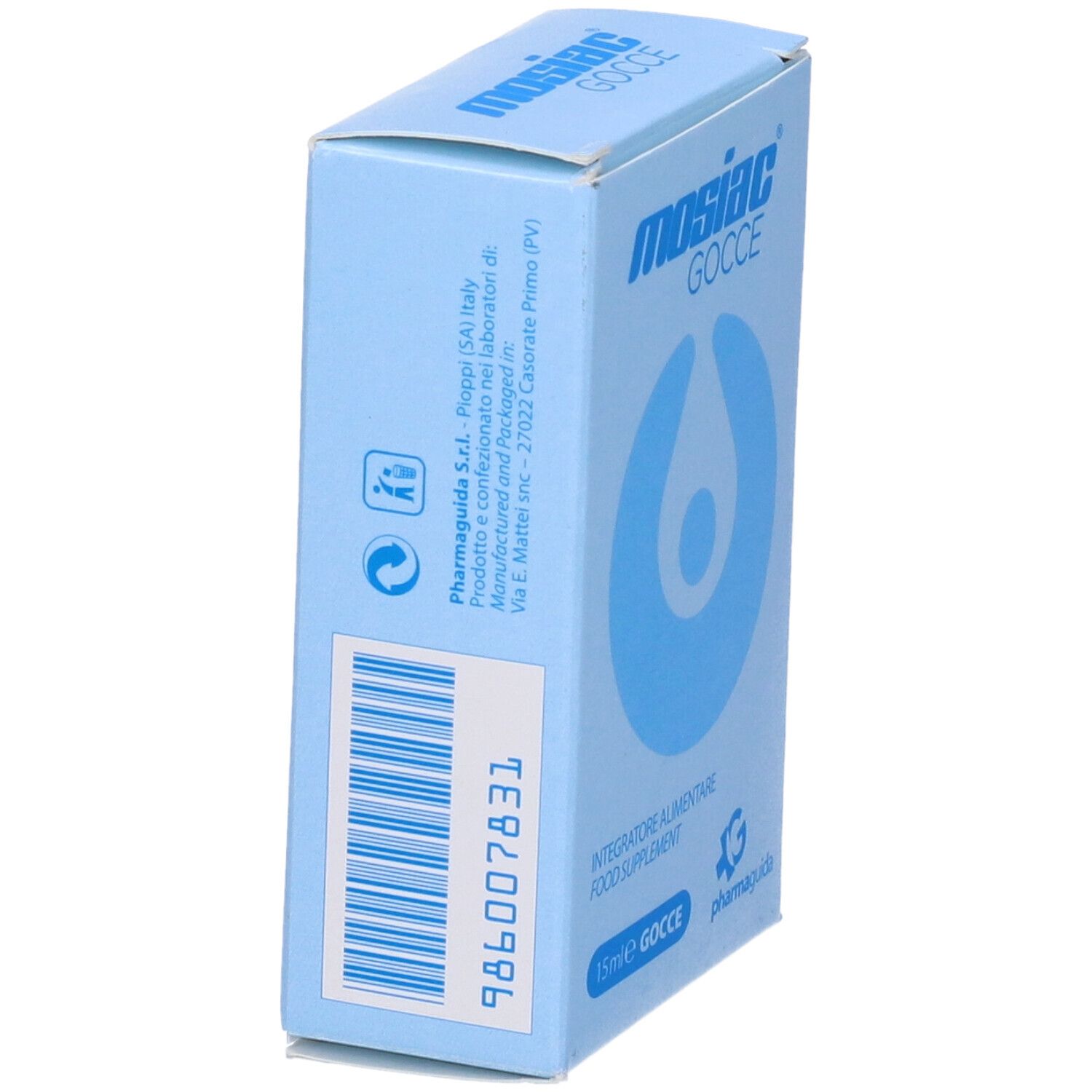 Hellblaue Schachtel mit Aufschrift Mosiac Gocce. Barcode und Text auf der Seite.