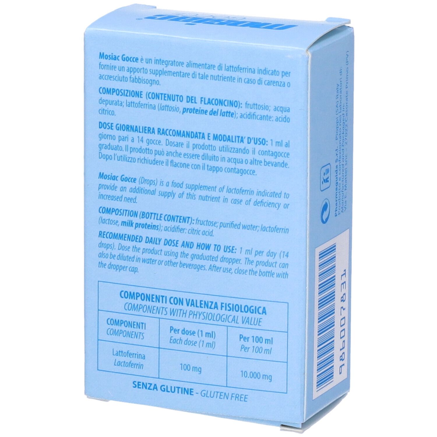Hellblaue Schachtel mit Text. Enthält Informationen über das Produkt und Inhaltsstoffe.
