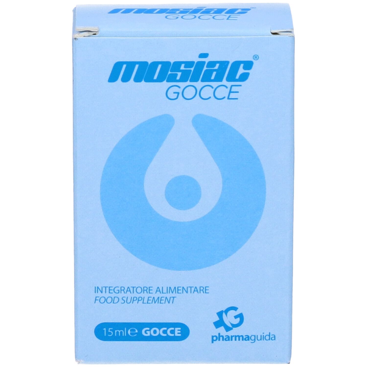 Hellblaue Schachtel mit Aufschrift Mosiac Gocce. Tropfen-Symbol. Text: Integratore alimentare.