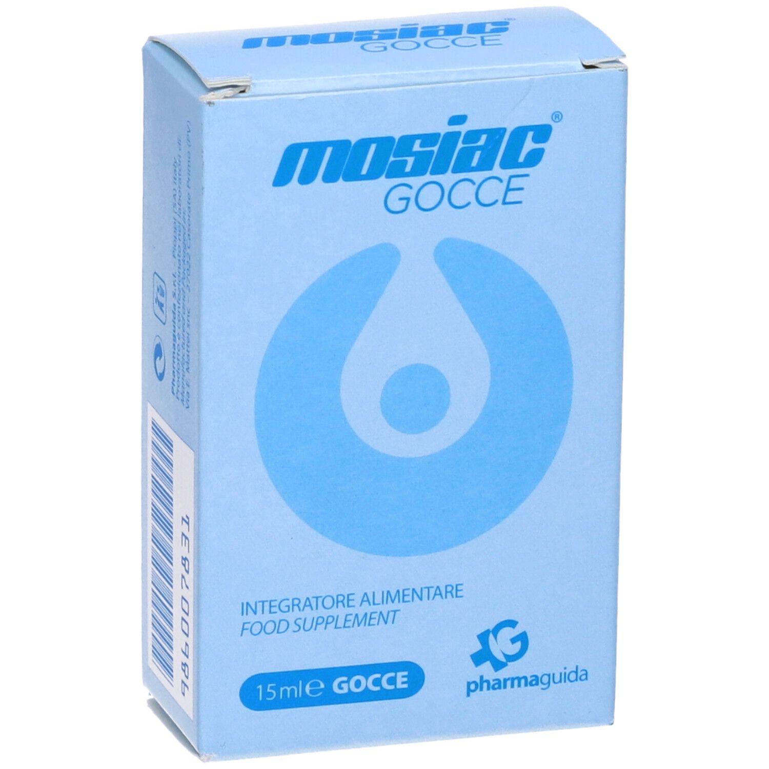 Hellblaue Schachtel mit Aufschrift Mosiac Gocce. Tropfen-Symbol. Text: Integratore alimentare.