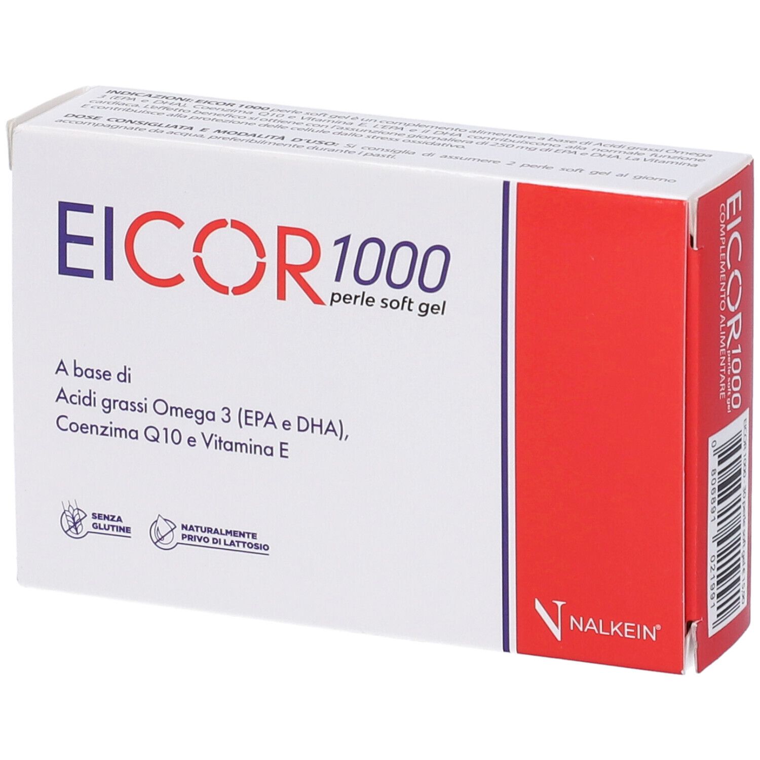 Boîte de gélules Eicor 1000. Inscription : Eicor 1000, perle soft gel. Bande rouge sur le côté.