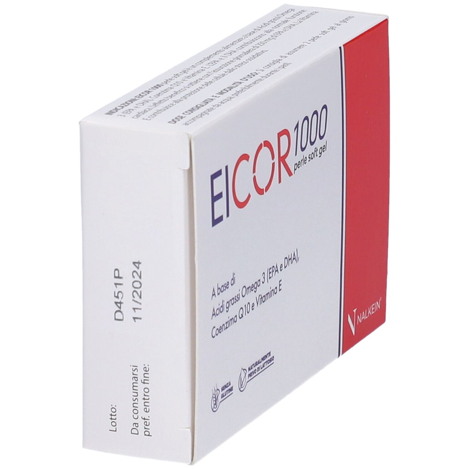 Boîte de gélules Eicor 1000. Inscription : Eicor 1000, perle soft gel. Bande rouge sur le côté.