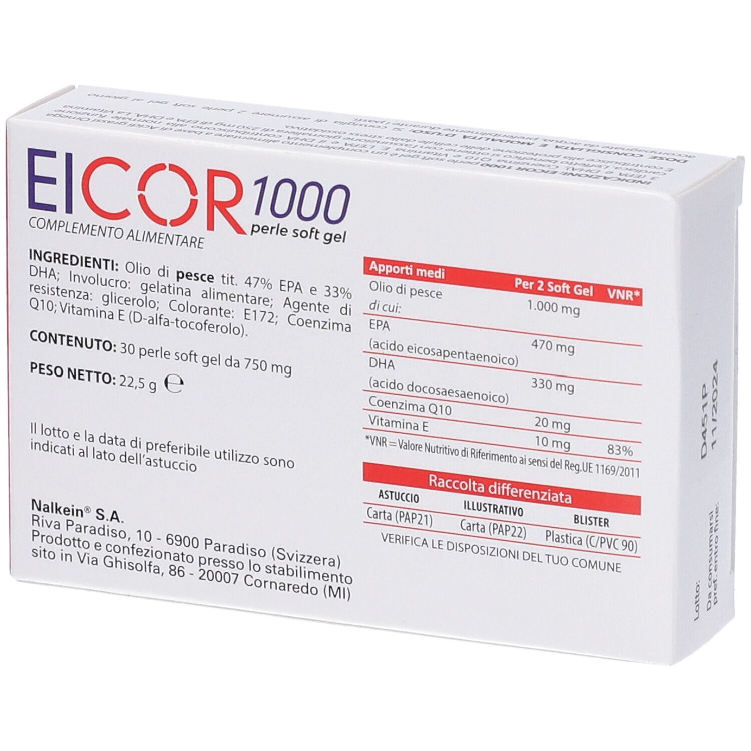 Boîte de gélules Eicor 1000. Inscription : Eicor 1000, perle soft gel. Dos avec informations sur le contenu.