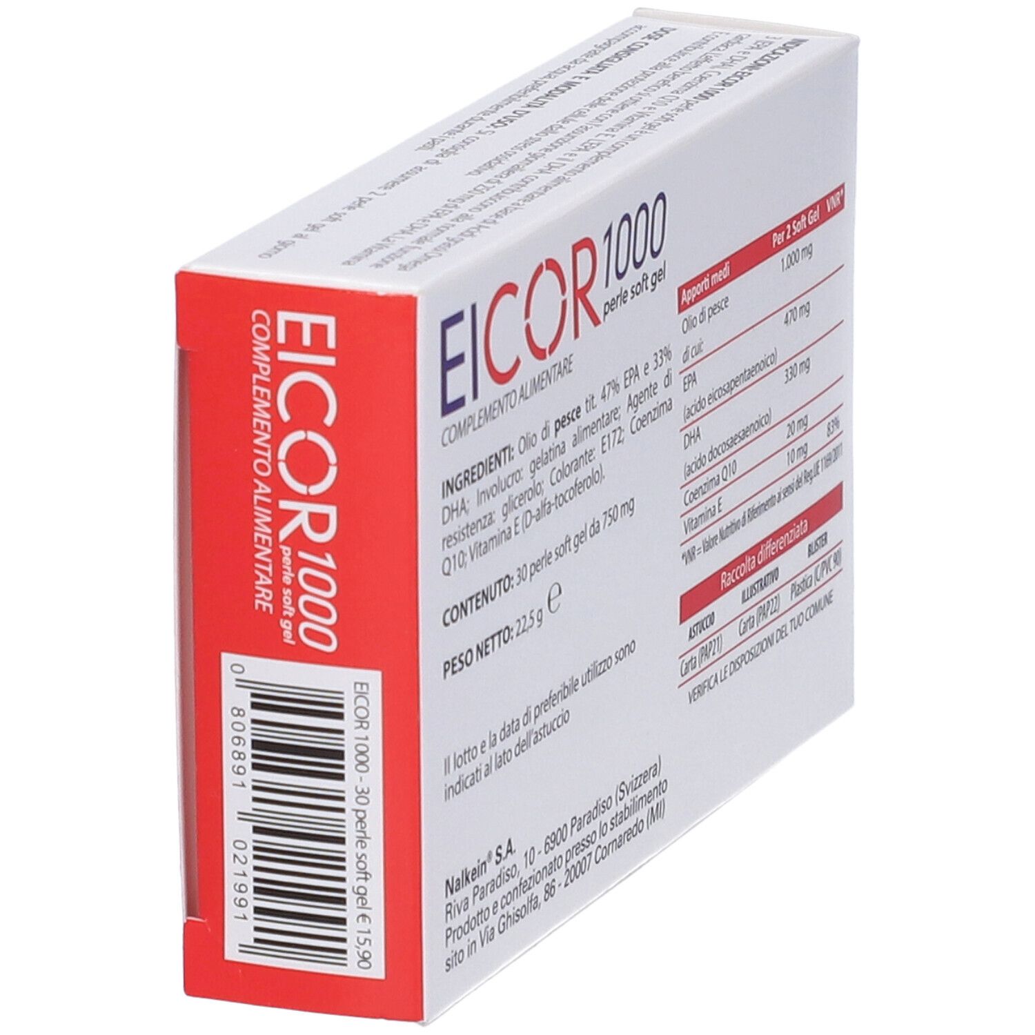 Boîte de gélules Eicor 1000. Inscription : Eicor 1000, perle soft gel. Côté rouge avec code-barres.