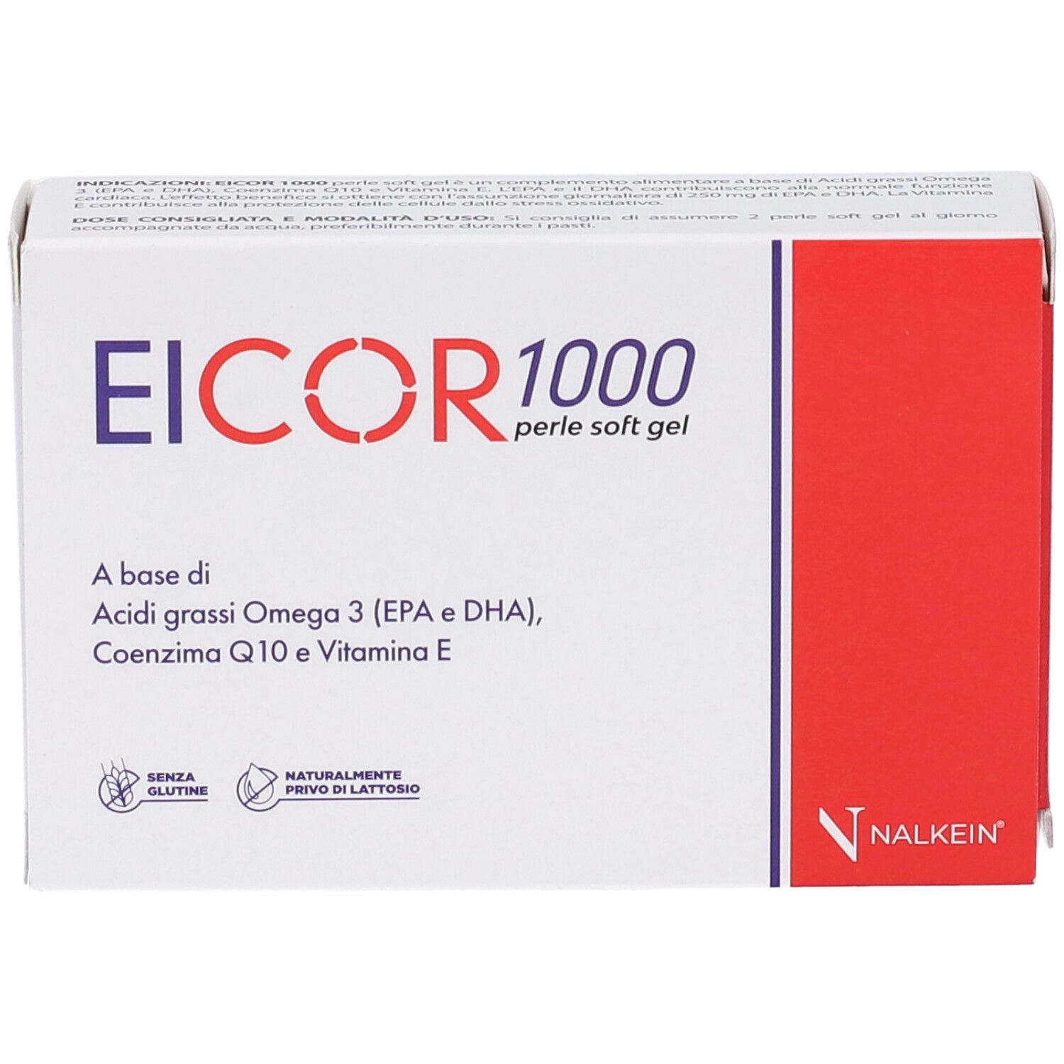 Boîte de gélules Eicor 1000. Inscription : Eicor 1000, perle soft gel. Bande rouge sur le côté.